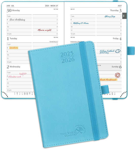 POPRUN Pocket Planner 2025-2026 (Purse Size 4'' x 6.25'') Academic Purse Calendar (July 2025 - June 2026) with Hourly Time Slots, 100GSM Thick Papers, Leather Soft Cover - Blue Green