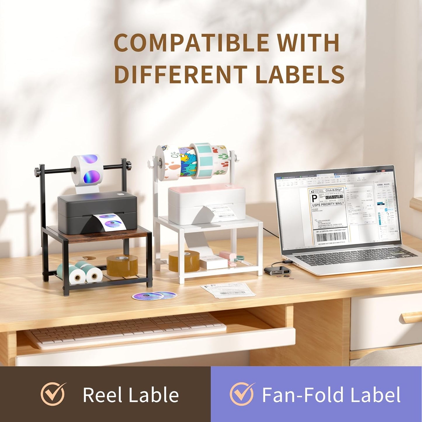 Label Holder for Rolls and Fan-Fold Labels, Sturdy Thermal Sticker Holder for Desktop Thermal Printer, Shipping Label Sticker Dispenser for Home, Office, and Small Businesses
