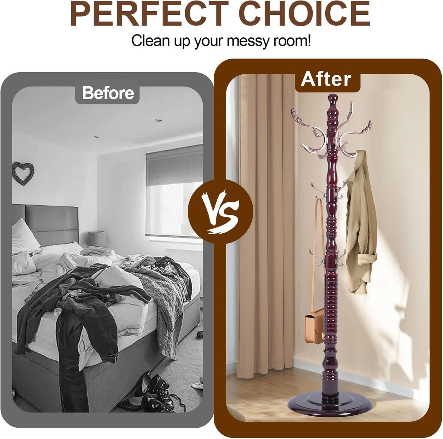 Vintage Wooden Coat Rack Free Standing,14 Hooks, 3-Level Adjustable Height, 73-Inch Retro Coat Rack Stand, Suitable for Entryway, Living Room, Office and Bedroom (Mahogany) (Metal, 1 PCS)