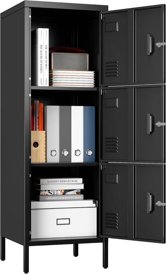 Metal Locker with Ventilation Holes, Metal Storage Cabinet with Lock and Card Slof for Home,School, Office, Gaeage,47.3" H x 15.8" W x 15.8" D,Assembly Required,Black