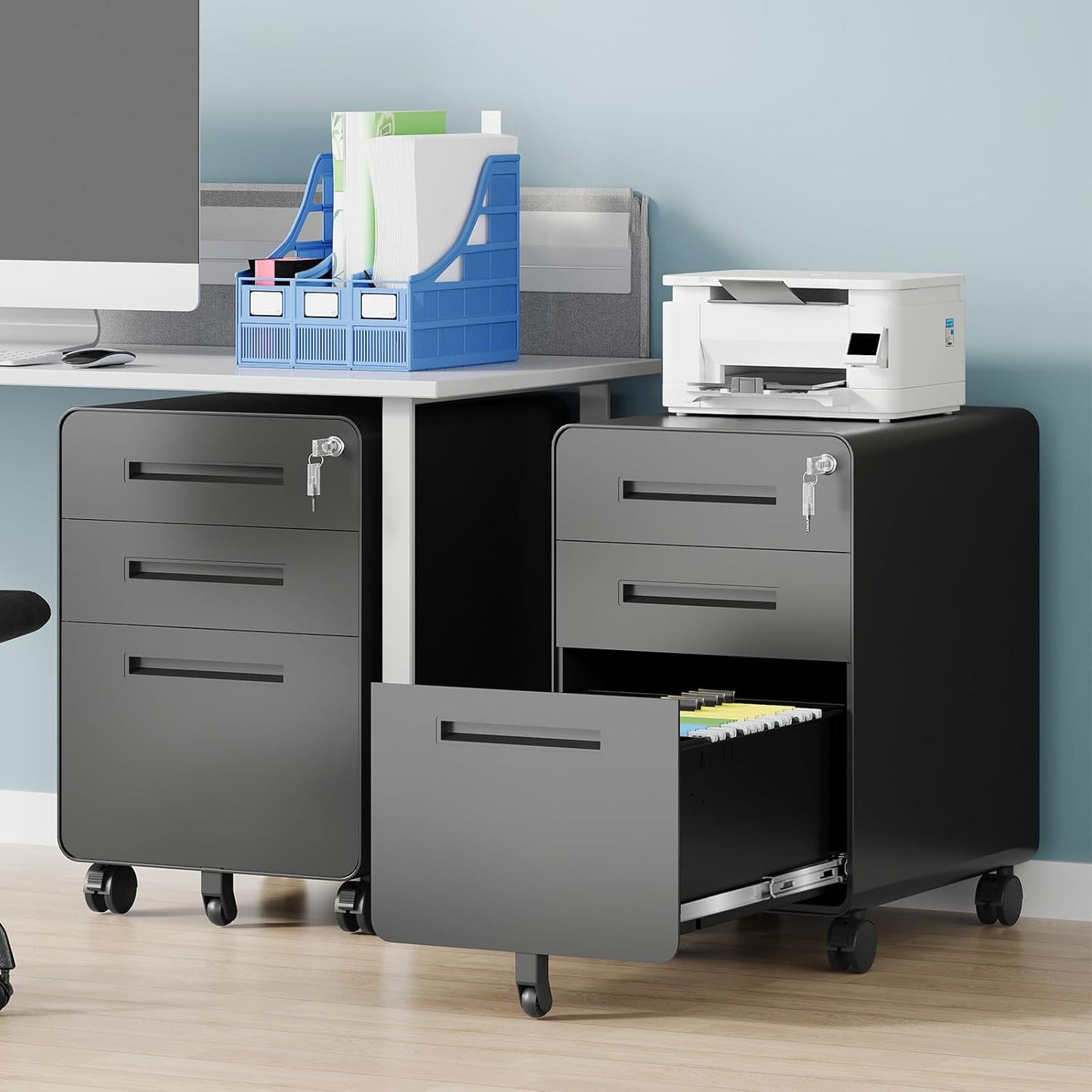 3 Drawer File Cabinet, Fully Assembled Mobile File Cabinets with Lock for Home Office, Metal Rolling Filing Caninet on Wheels, Three Drawer Under Desk Cabnet for Letter/Legal / A4 - Black