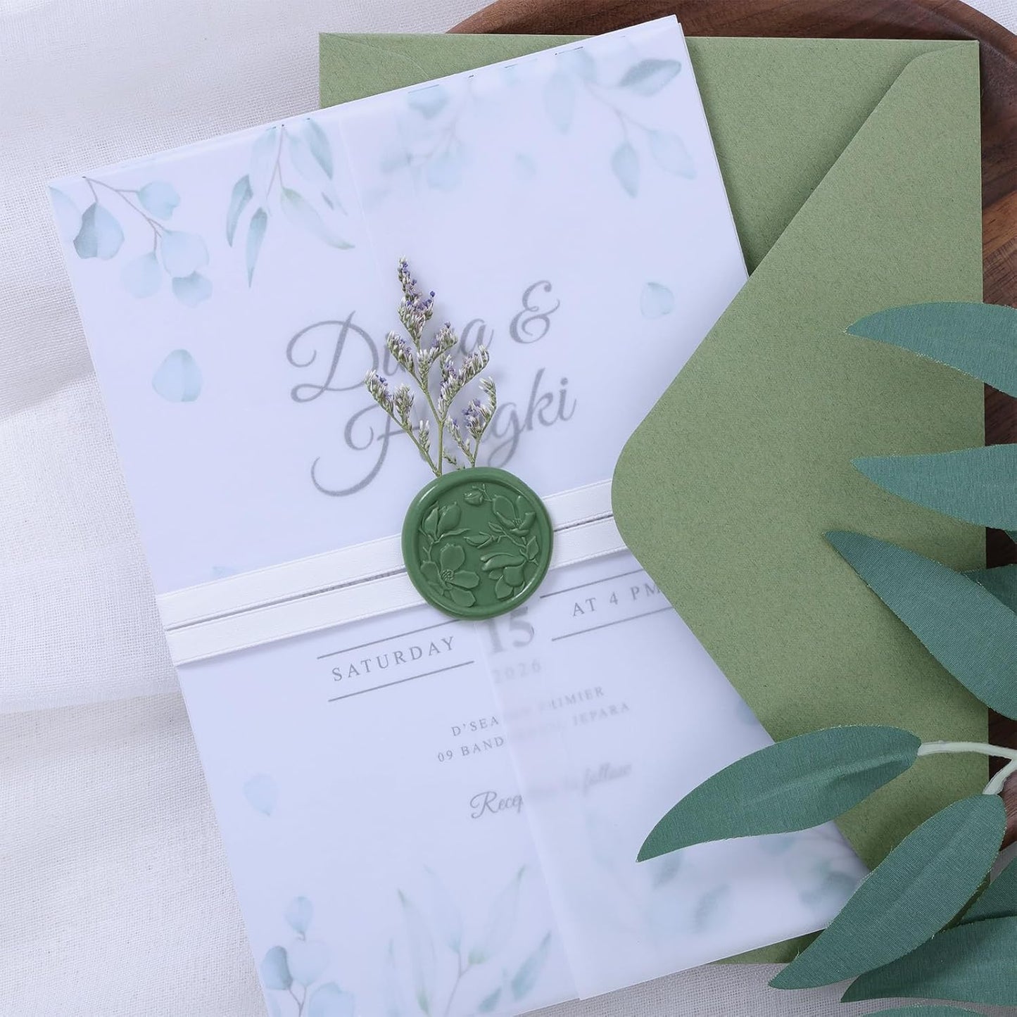 UNIQOOO Wax Seal Stickers - 3D Magnolia Wedding Invitation Envelope Botanical Seal Stickers, 50 Pcs Self- Adhesive Olive Green Sticker, Perfect for Invitation, Christmas, Gift Wrapping, Party