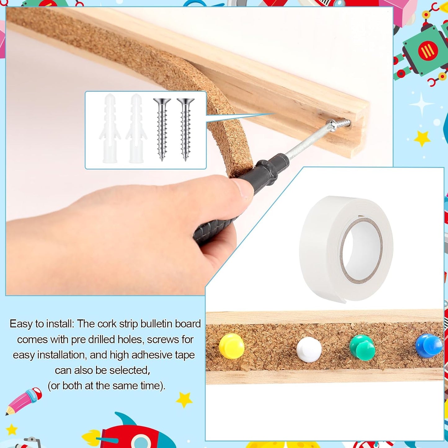 5 Pcs 48" x 1" Cork Strips Bulletin Bar Strips for Wall Bulletin Board Aluminum Trim Brown Cork Boards with Accessories for Paste Notes Photos Classroom Office Holiday Decor