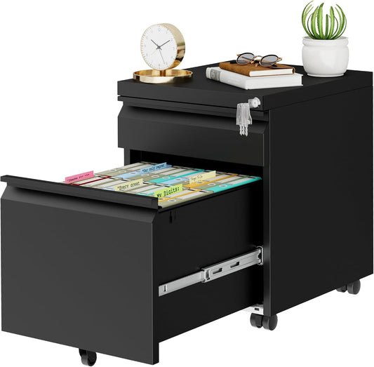 Metal Mobile File Cabinet with Lock and 4 Keys - Fully Assembled, Under Office Desk 2 Drawers Filing Cabinet for Home Office with Anti-tilt Wheels, A4/Legal/Letter Hanging File Drawers