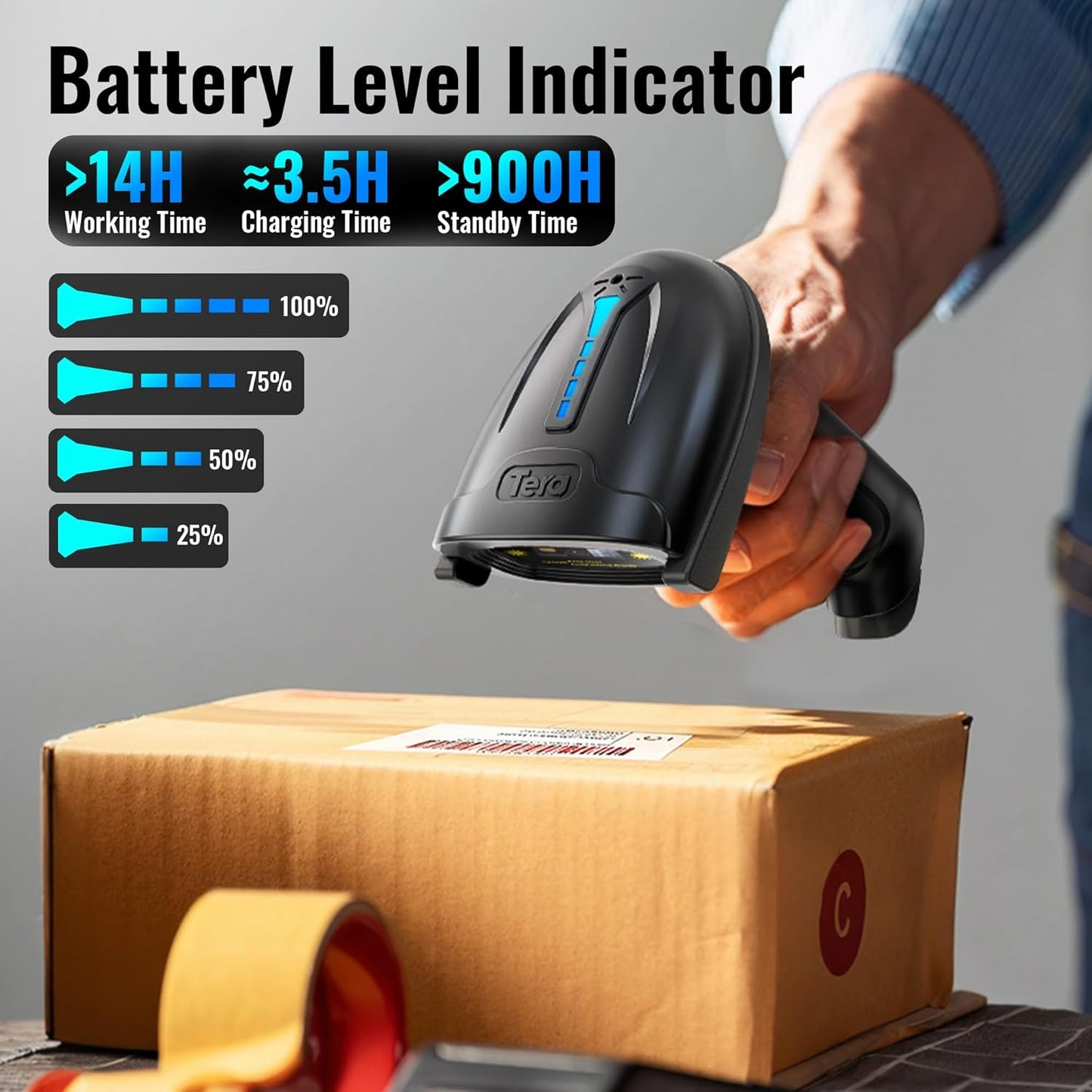 Tera Barcode Scanner Wireless Versatile 2-in-1 (2.4Ghz Wireless+USB 2.0 Wired) with Battery Level Indicator, 328 Feet Transmission Distance Rechargeable 1D Laser Bar Code Reader USB Handheld (Black)