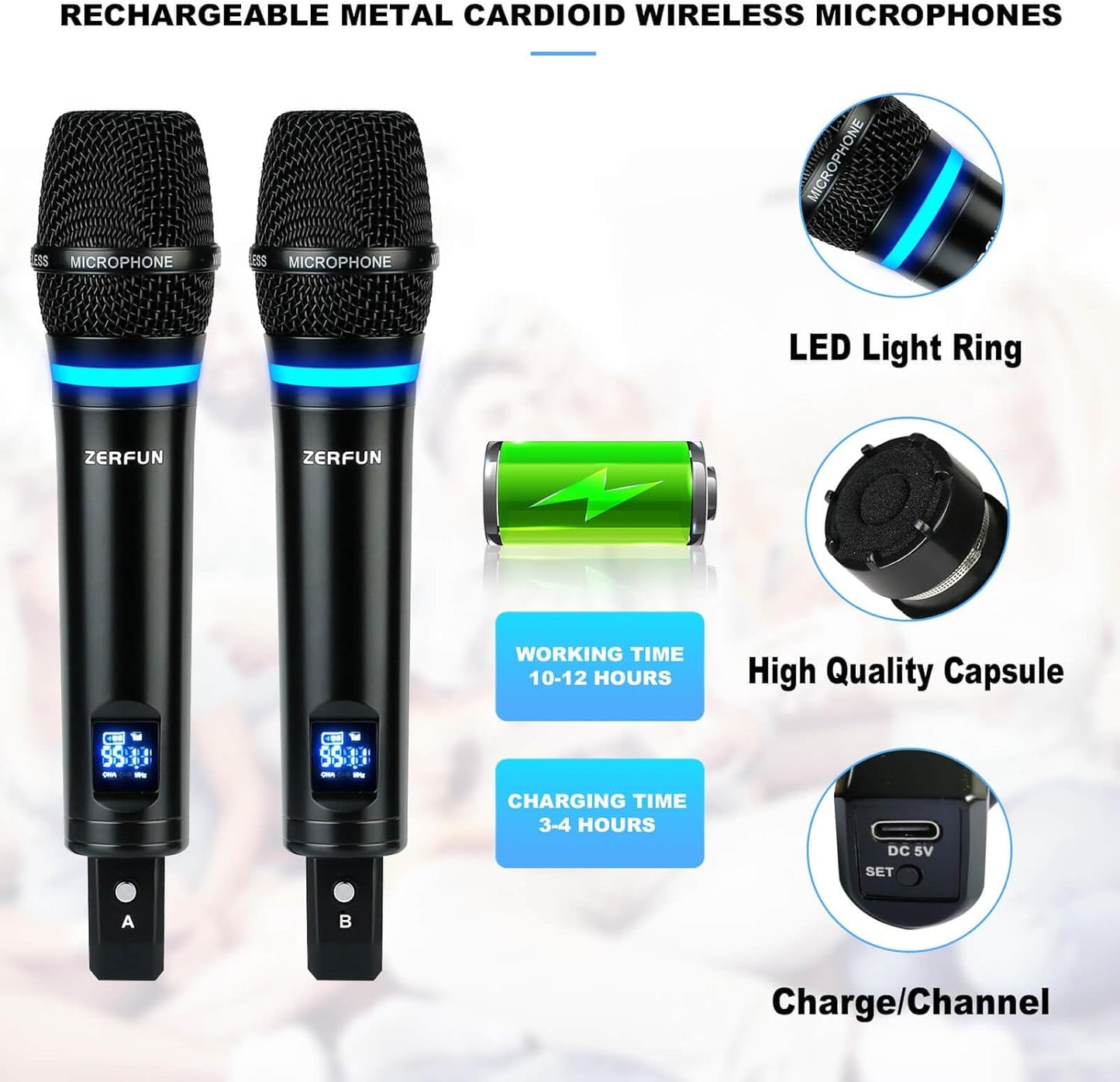 Rechargeable Wireless Microphone System 4 Channel Pro, UHF Metal Handheld Wireless Mics Cordless for Church Karaoke Singing with Volume Control, 4x50 Frequency(G8)