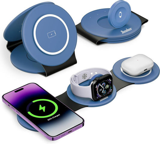 Hicober 3 in 1 Charging Station for Apple Multiple Devices, Foldable Travel Wireless Charger 18W for iPhone 16 15 14 13 Pro Max Plus &Apple Watch Series/Airpods Light Blue