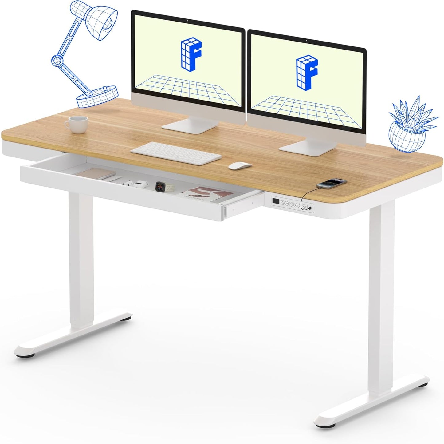 FLEXISPOT 55" Electric Standing Desk with Drawers, Quick Assembly Home Office Sit Stand Desk with Storage, USB Charging, Computer Desk for Home Office (Maple Top + White Adjustable Frame, Comhar)