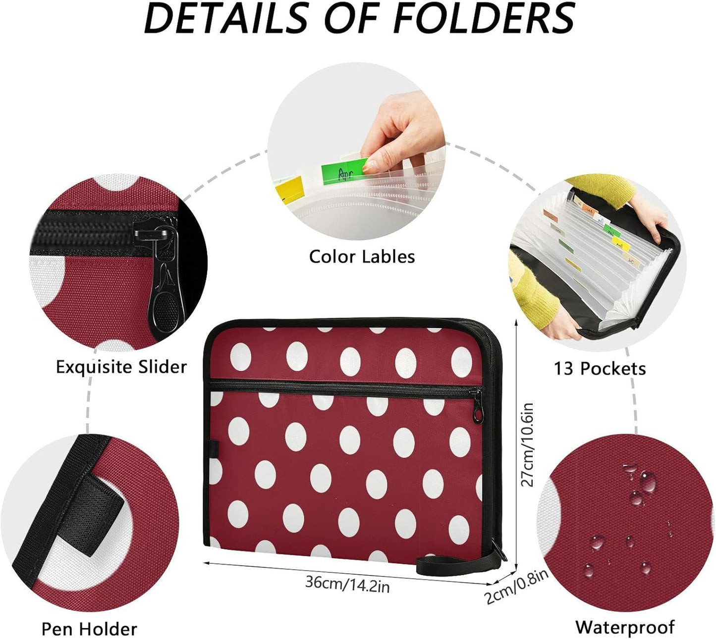 Gredecor 13 Pockets File Folder Organizer A4/Letter Water Resistant White Polkadot with Red Document Bag with Zipper Filing Folder Expanding File Pouch Storage for School Office