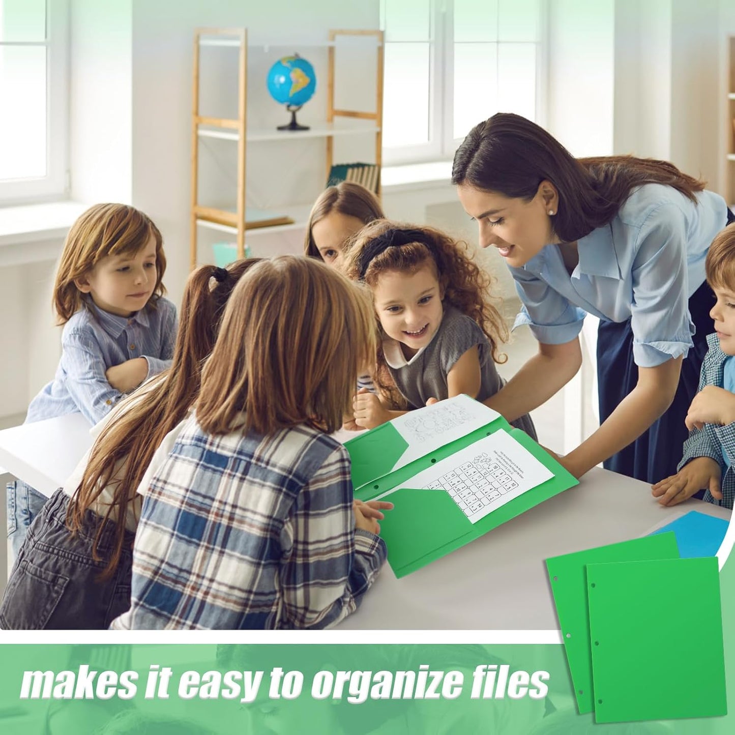 Yeaqee 50 Pcs Plastic Folders with Pockets Bulk 3 Hole Punched 2 Pocket File Folders for 3 Ring Binder Divider Folder for Notebooks, Durable Poly for Office Home (Green)