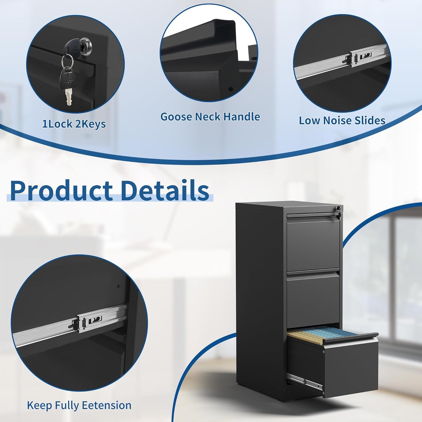 3-Drawer Locking Vertical File Cabinet, Metal Storage Cabinet for Office/Home – Secure Vertical Filing for Letter/Legal/A4/F4 Documents, Easy to Assemble Steel Cabinet, Black (Black, 3 Drawer-40 H)