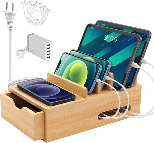Bamboo Charging Station for Multiple Devices, Desktop Charger Organizer with Tray& Drawer, Wooden Docking Station for Smart Devices, Cell Phone, Tablet,Watch (Include 6 Cables, 5 Port USB Charger)