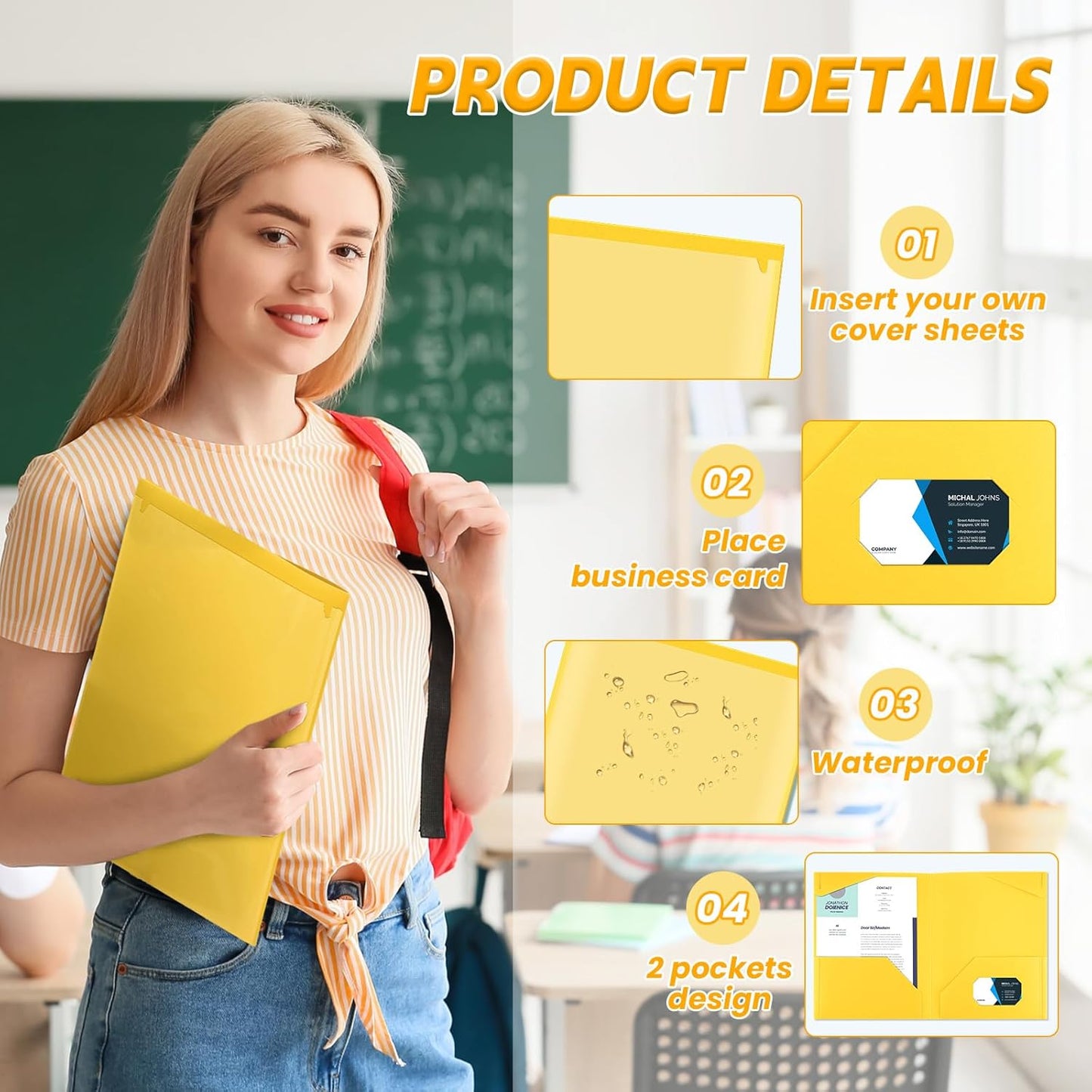 Henoyso 200 Pcs Plastic Folders with Clear Front Pockets Bulk Heavy Duty File Folders with 2 Pockets and Card Slot for Student Teacher Back to School Supplies Office Presentation (Yellow)