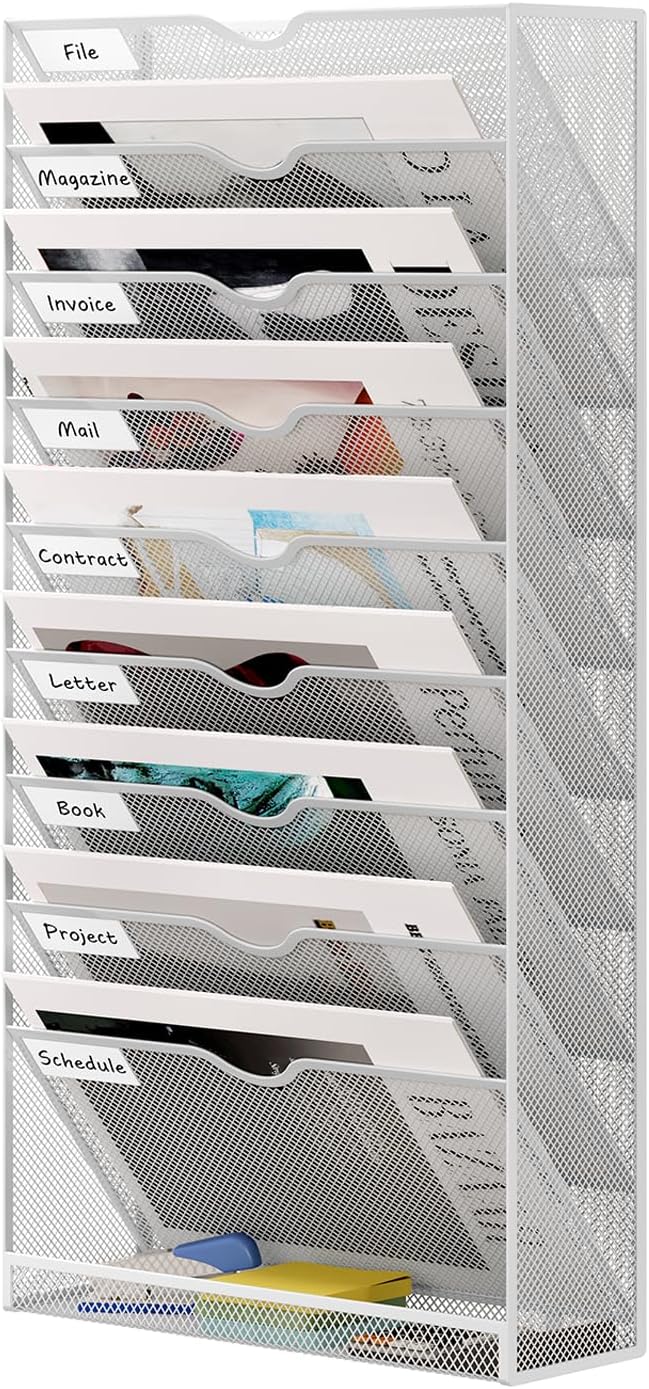 10 Tier Hanging Wall File Holder, Metal A4 Wall Mounted Document Holder, Vertical Hanging Mail Organizer, Magazine Storage Rack with Tray for Office Home Classroom, White