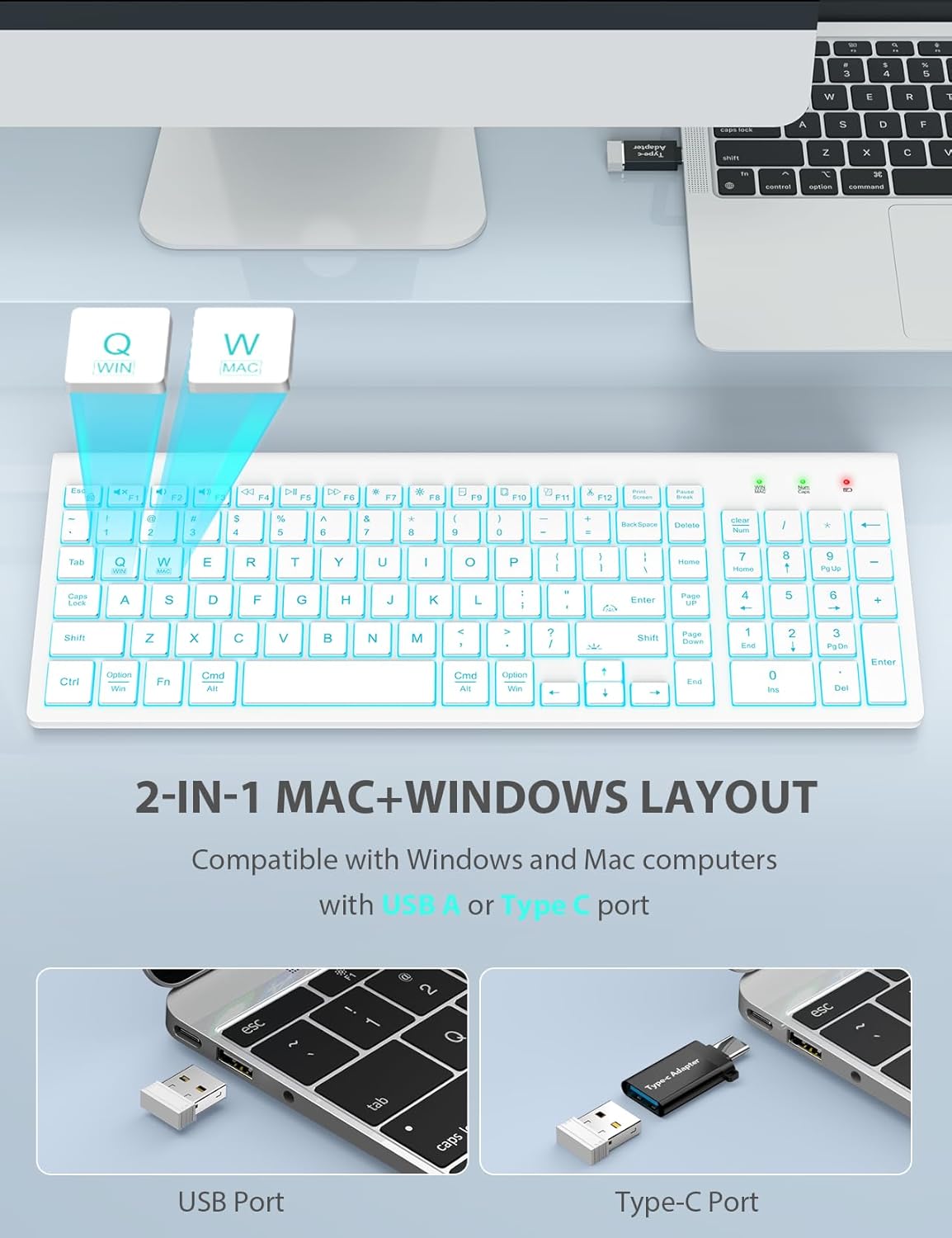 SABLUTE Wireless Keyboard and Mouse Combo Backlit - Compact Quiet Keyboard with RGB Mouse, Rechargeable, Slim, Sleep Mode, Portable Cordless Keyboard Mouse Set for Mac, Windows, Laptop (Polar White)