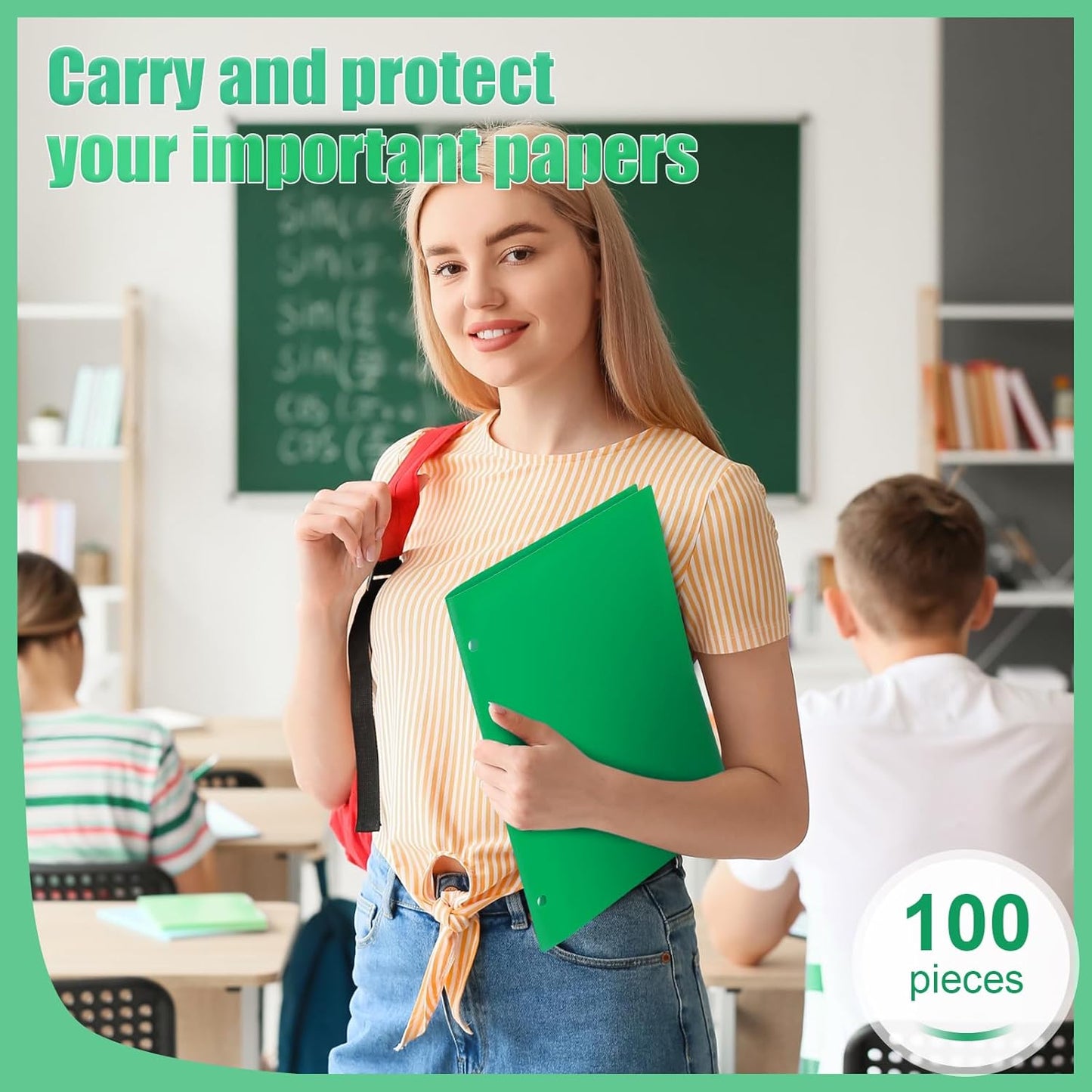 Yeaqee 100 Pcs Plastic Folders with Pockets Bulk 3 Hole Punched 2 Pocket File Folders for 3 Ring Binder Divider Folder for Notebooks, Durable Poly for Office Home (Green)