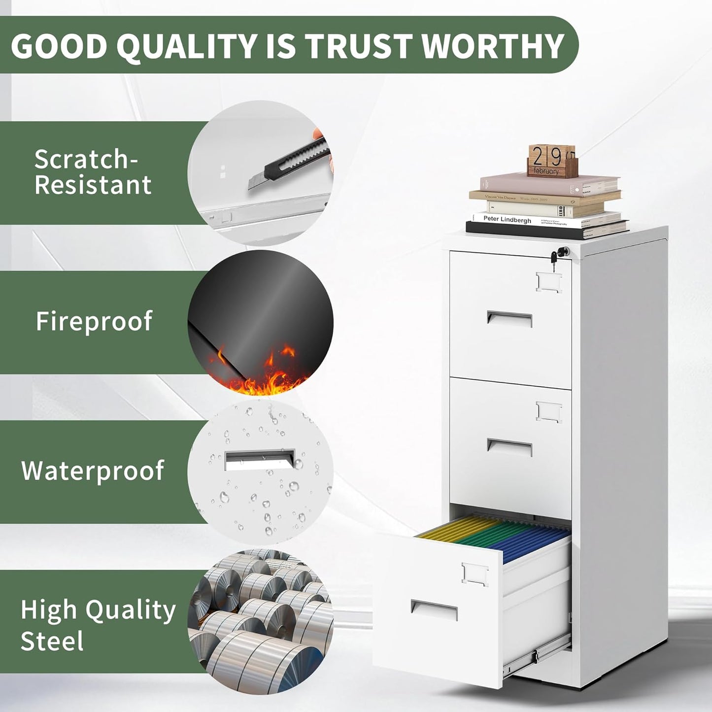 3-Drawer Locking Vertical File Cabinet, Metal Storage Cabinet for Office/Home – Secure Vertical Filing for Letter/Legal/A4/F4 Documents, Easy to Assemble Steel Cabinet (White, 3 Drawer-15W)