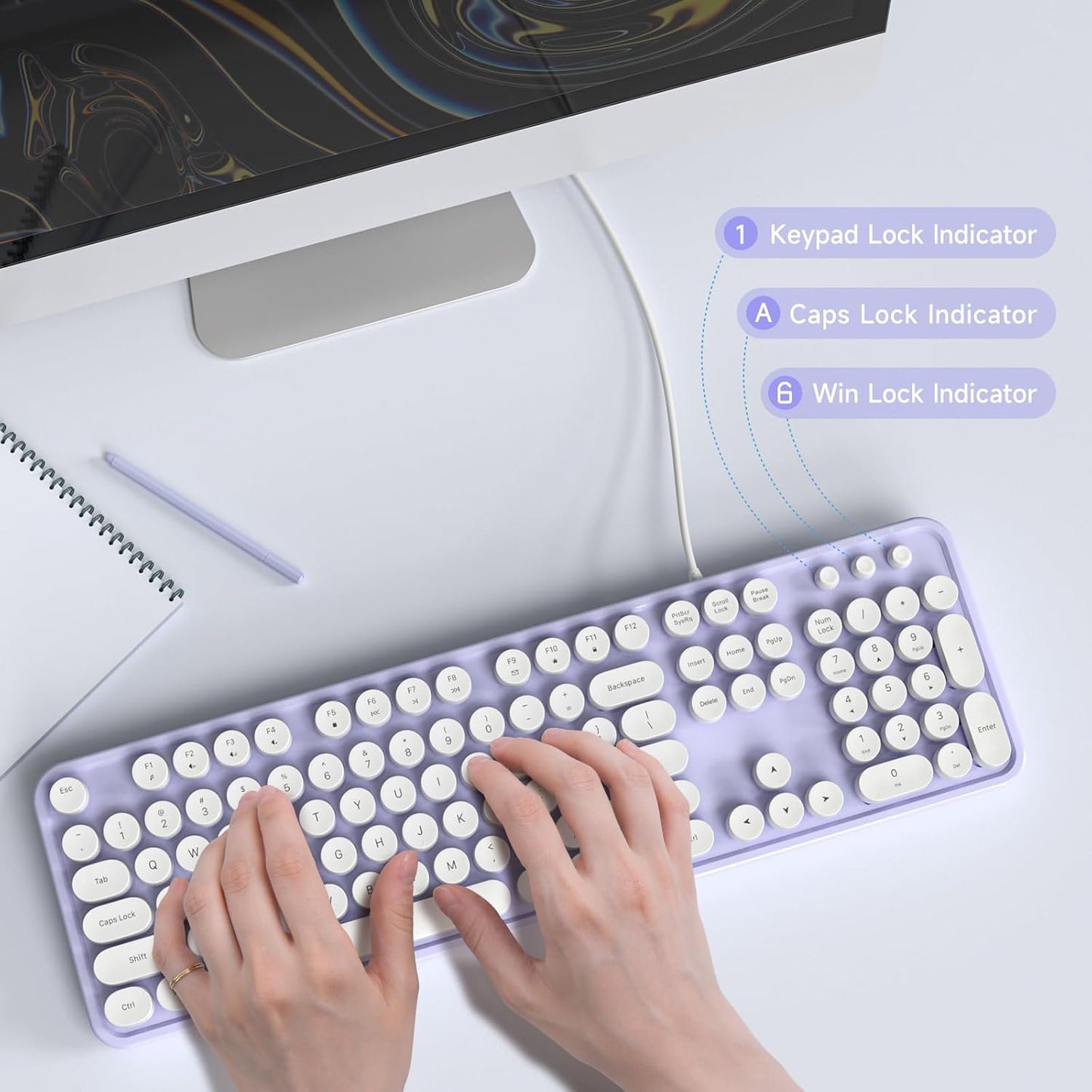 Wired Keyboard, Full-Sized Typewriter Keyboards, USB Plug and Play Office Keyboard with Number Pad, Caps Indicators, Foldable Stands for Windows, PC, Laptop, Desktop (Purple-White)