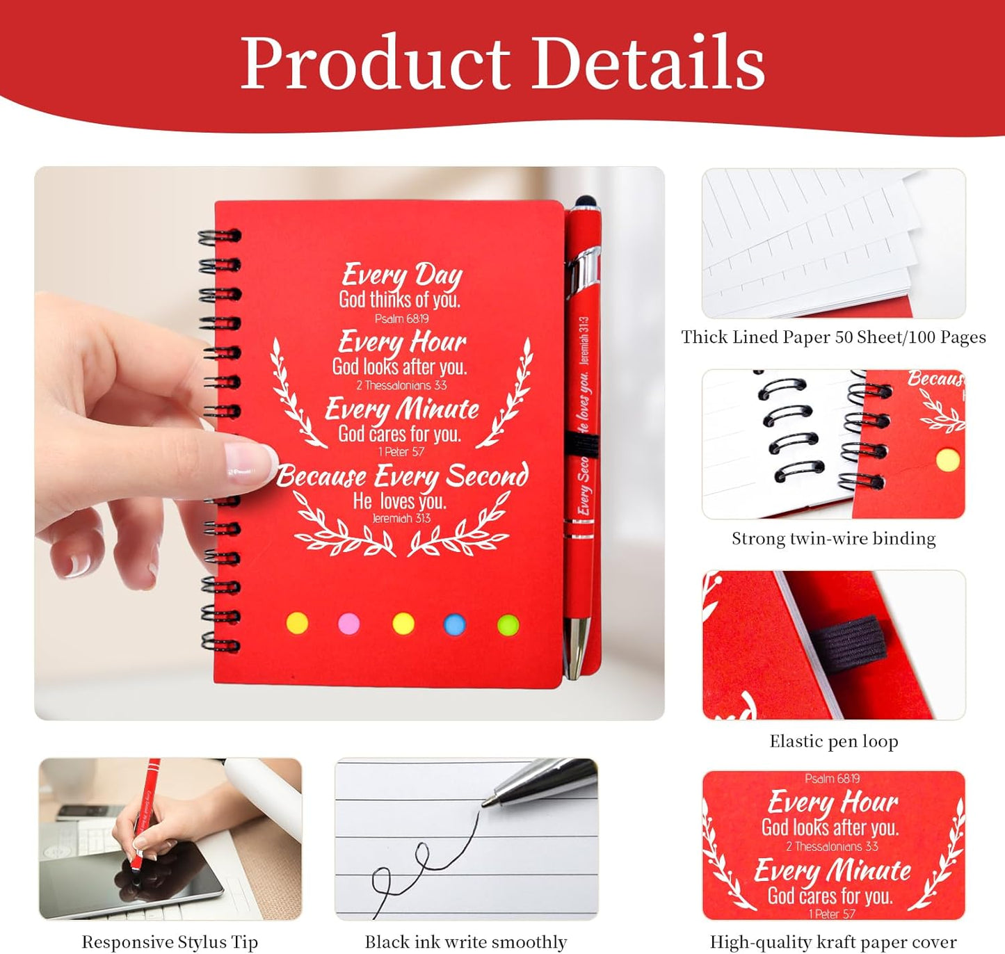 100 Pcs Bulk Fathers Day Christian Gifts Prayer Journal for Woman - 50 Set Religious Notepad with Christian Pen - Bible Notebook - Church Gifts for Inspirational, Bible Study, Devotions ( Red )