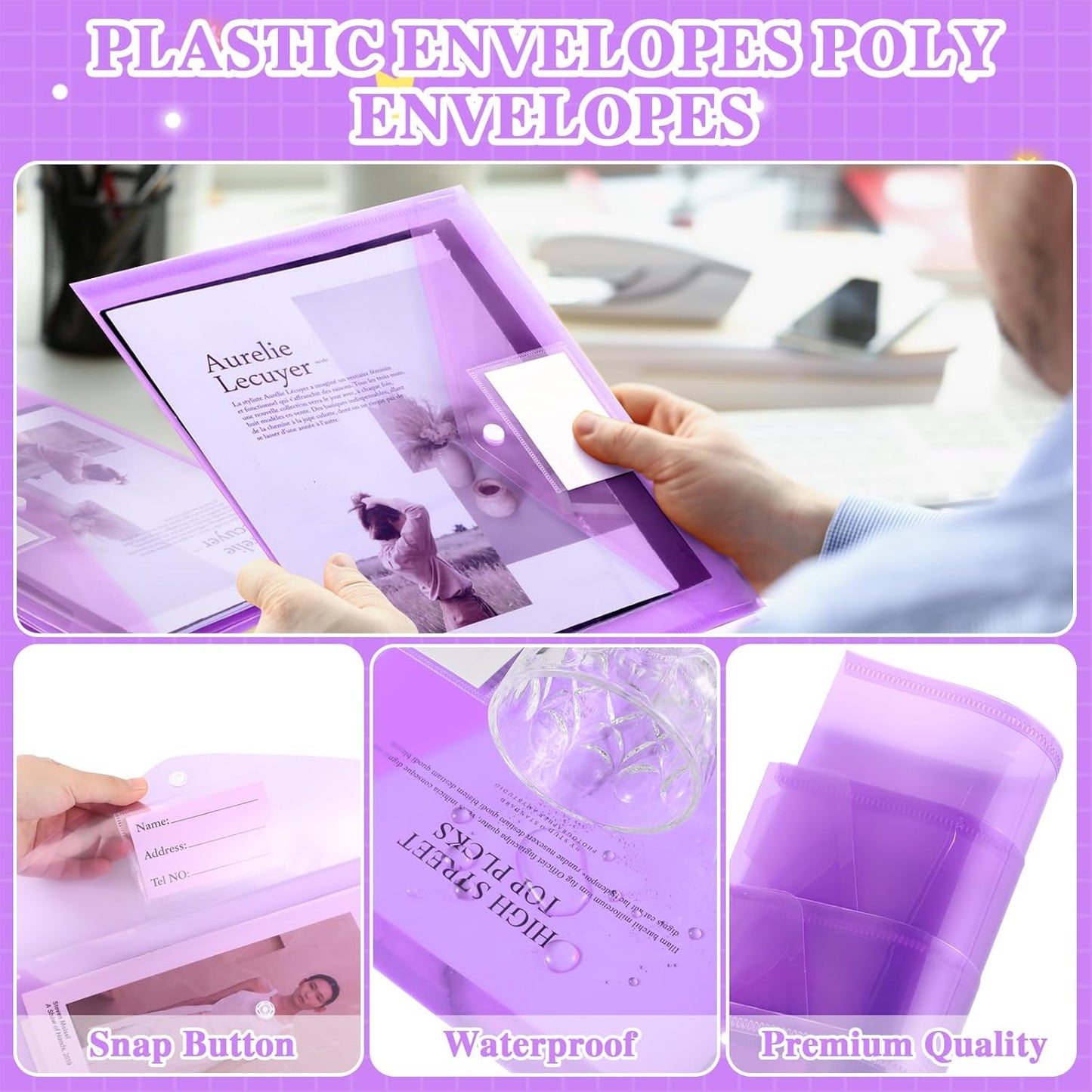 Yeaqee 50 Pcs Plastic Envelopes Poly Envelopes File Folders with Snap Button Closure Clear Folders for Documents US Letter A4 Size Filing Holder with Label Pocket for Home Office School(Purple)