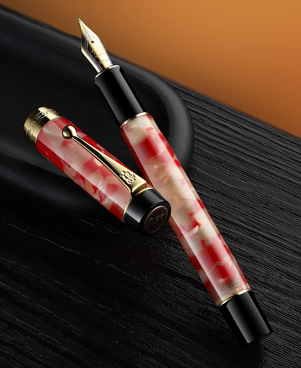 Jinhao 100 Fountain Pen Celluloid Classic Style, #6 Nib Smooth Writing Instrument with Refillable Converter and Pen Case Set