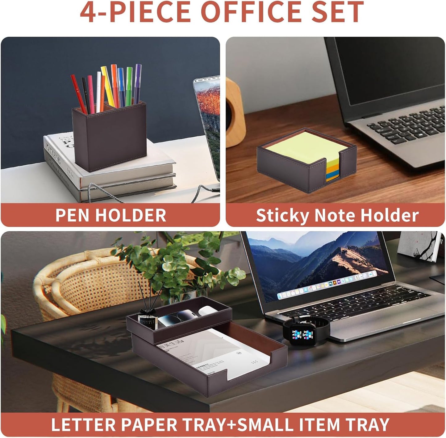 4 Pack Leather Office Supplies/Desk Organizer for Letter Paper Tray,Sticky Note Holder,Pen Cup,Stackable Small Letter Mail Sorter Tray,Workspace Decor for Women Men (Brown, 4-piece set)