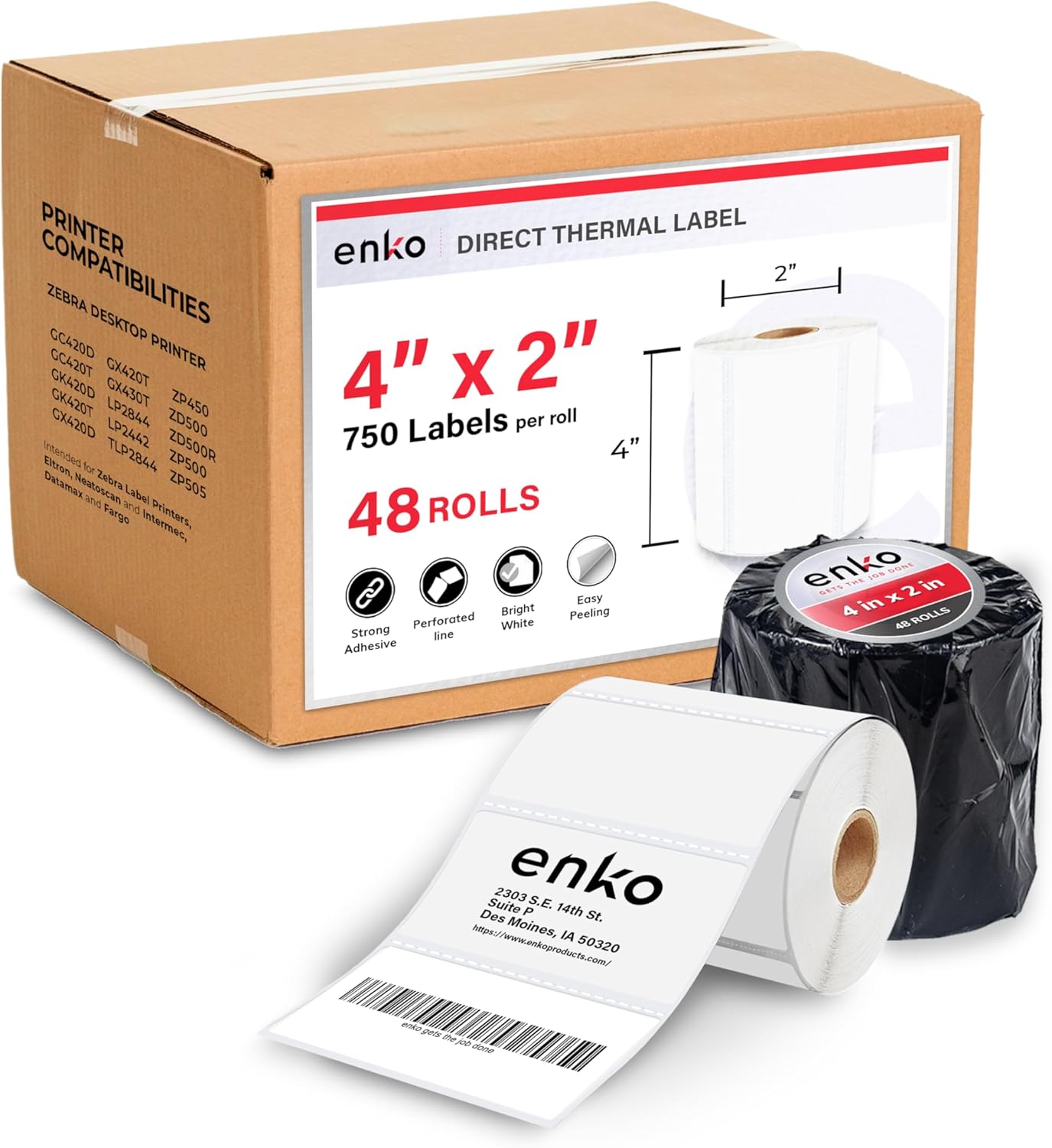 enKo 4" x 2" Labels for Zebra Desktop Printers (48 Rolls | 36,000 Labels) Direct Thermal Address Mailing Shipping Barcode FBA Stickers FNSKU Label for Zebra and Eltron (Perforated)