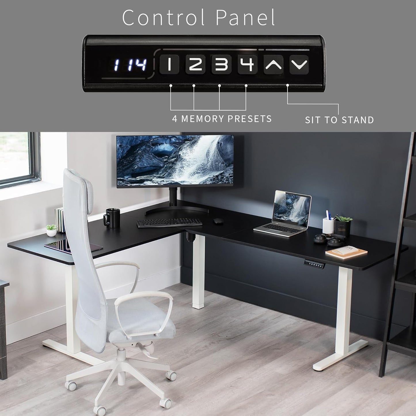 VIVO Electric Corner L-Shaped 75 x 63 in Standing Desk, Memory Height Adjustment, Black Top White Frame, DESK-E3CTWB-75