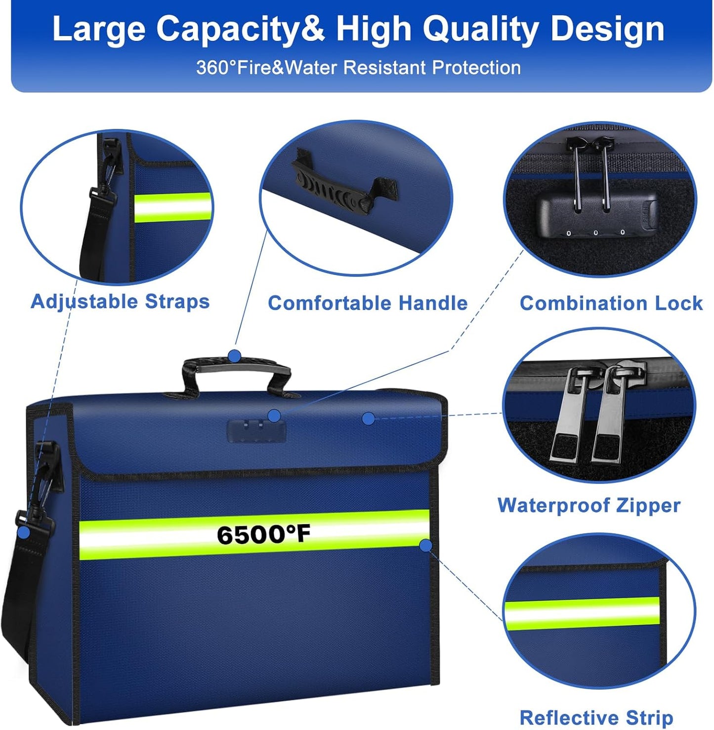 6500°F Large Fireproof Document Organizer with Lock,Upgraded 10 Layers Heat Insulated＆Waterproof Zipper,Removable Folder Layers/Wallet,Portable Home Travel Storage for Documents(16.5x12.4x5.5 inches)