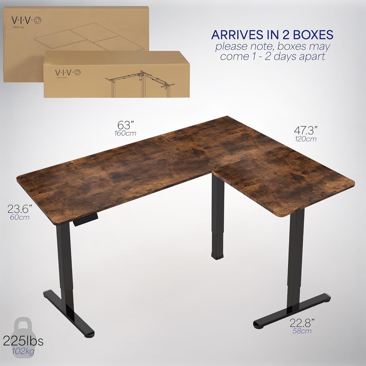 VIVO Electric Corner L-Shaped 63 x 47 in Rustic Standing Desk, Memory Height Adjustment, Vintage Brown Top Black Frame, DESK-E3CTN-47