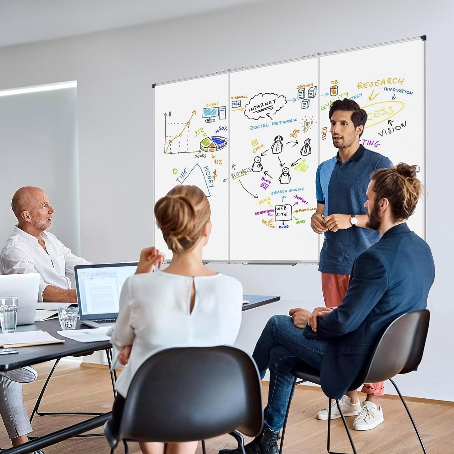 XBoard Extra Large Magnetic Whiteboard 96 x 48 Inch, Giant Foldable Dry Erase White Board with Aluminium Frame & Marker Tray 8' x 4' | Wall Mounted Tri Folding Message Presentation Board