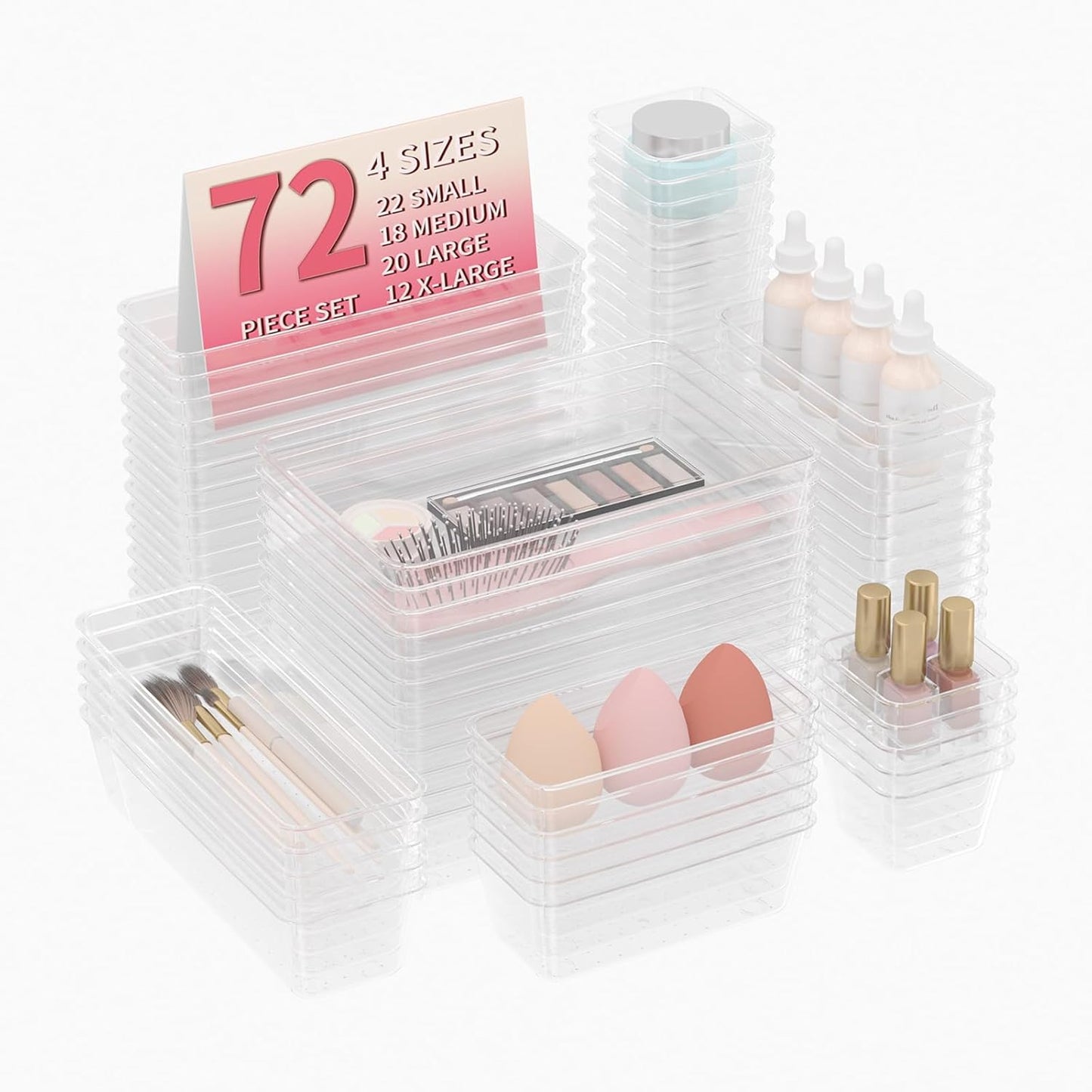 72 PCS Plastic Drawer Organizer Set, 4-Size Clear Bathroom and Vanity Desk Drawer Organizer Trays, Non-Slip Versatile Storage Divider Bins for Makeup Jewelry Bedroom Office Kitchen Gadgets