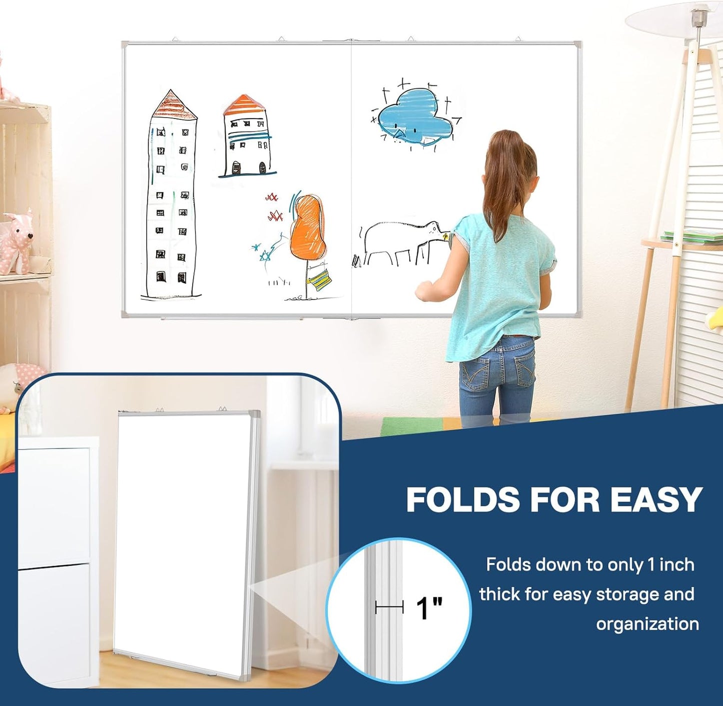 WALGLASS Large White Board Dry Erase Board, 60" x 40" Double-Sided Foldable Dry Erase Board for Wall, Magnetic Whiteboard for Office, Home, School, Kitchen