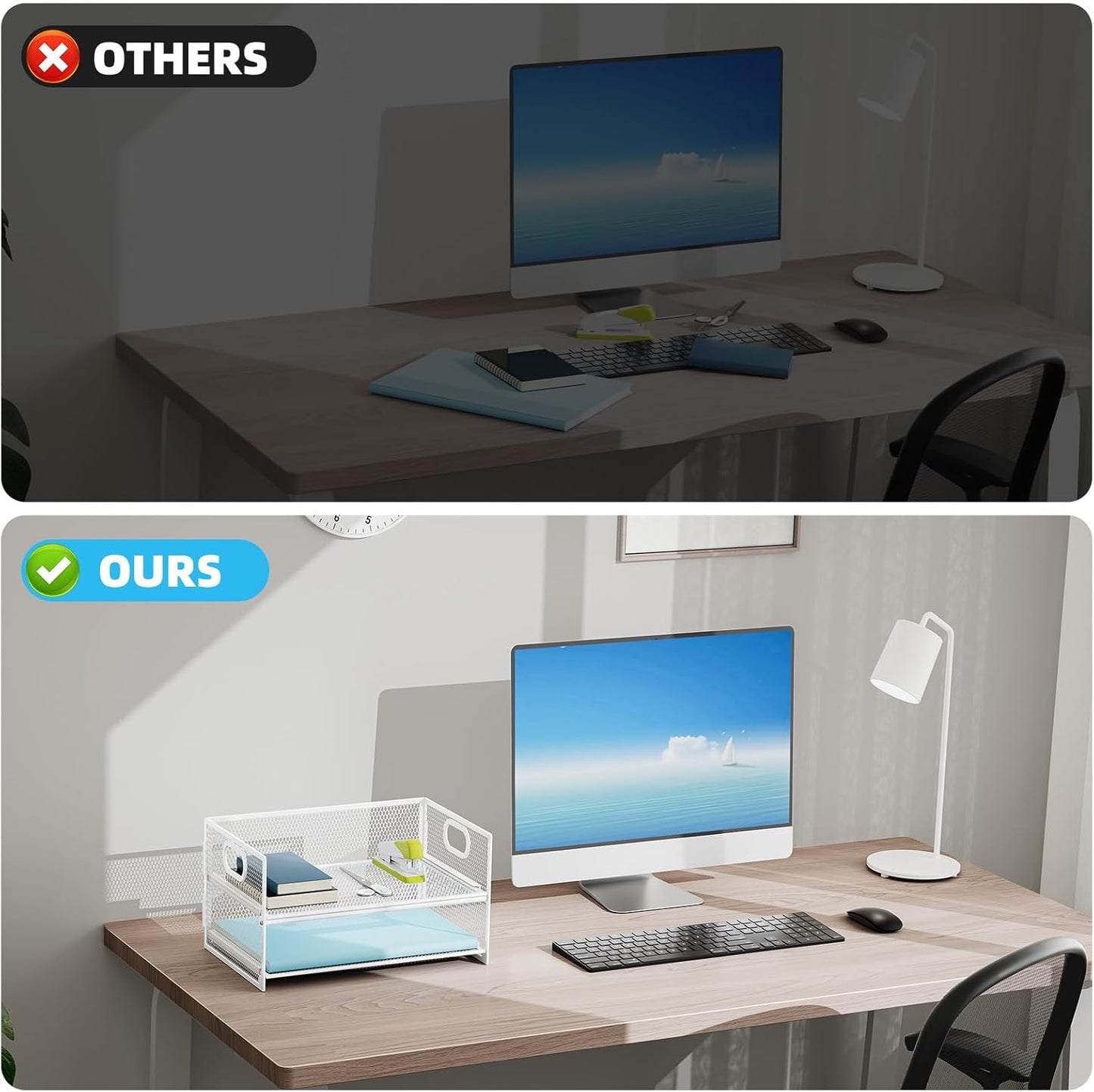 Marbrasse 2 Tier Paper Organizer Letter Tray, Mesh File Organizer with Handle, Paper Sorter Desk Organizer for Home Office Supplies - White