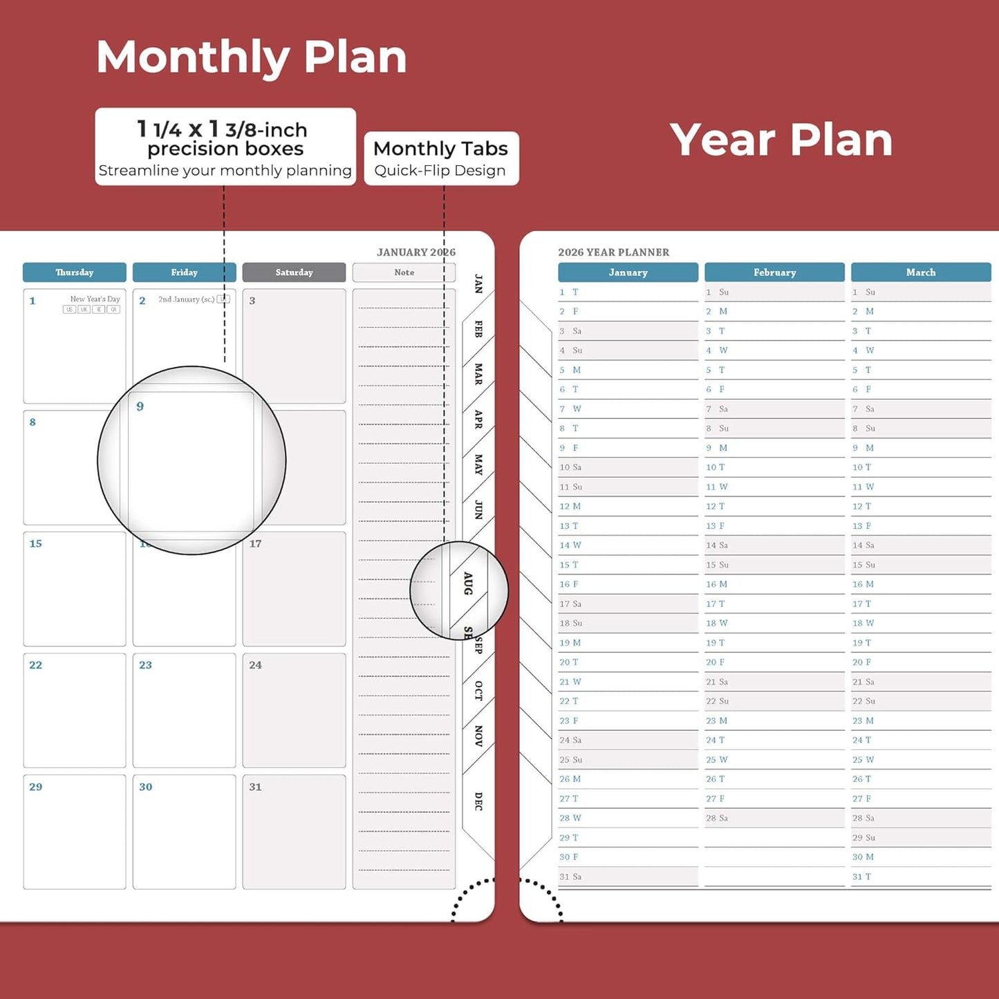 Planner 2026 Daily Weekly and Monthly,8.5"x6.5",12 Months Spiral Bound Calendar Agenda with Self-adhesive Pen Holder,2026 Appointment Book with Vegan Leather Soft Cover,Red