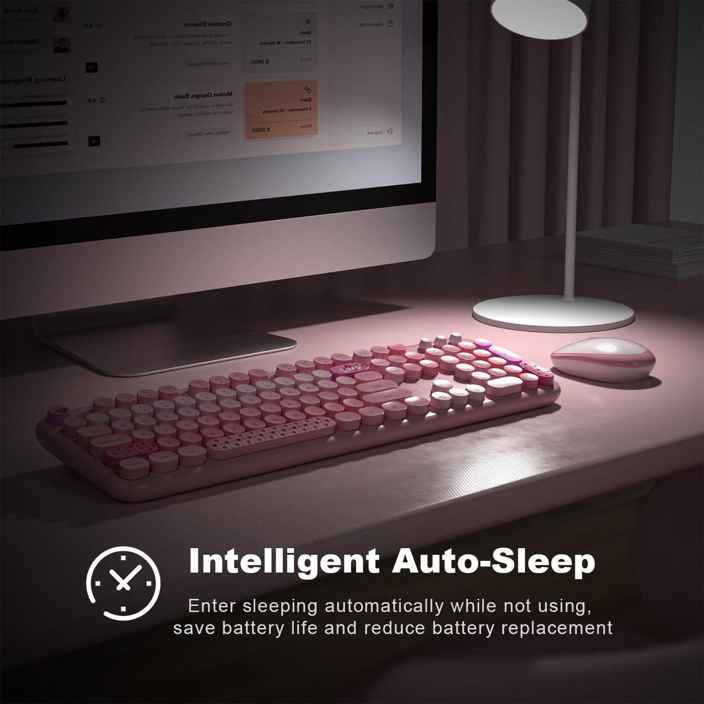 Wireless Keyboard and Mouse Combo, MOWUX Full Size Typewriter Retro Round Computer Keyboard, Cute Optical Mouse Wireless, Plug and Play, for Laptop, PC, Computer- Pink Heart