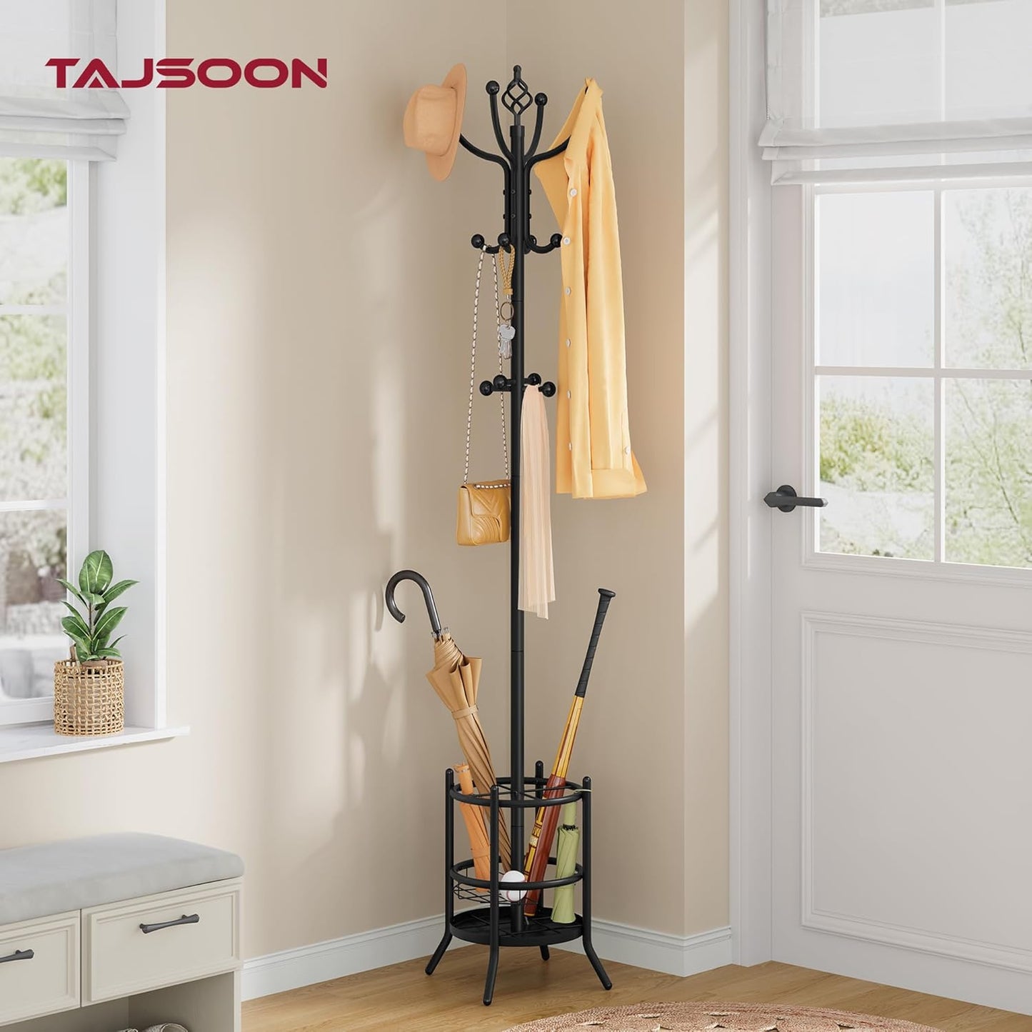 Tajsoon Coat Rack Stand with Umbrella Holder, Coat Tree Freestanding with 16 Hooks, Coat Hangers Stand for Living Room, Bedroom, Office, Black