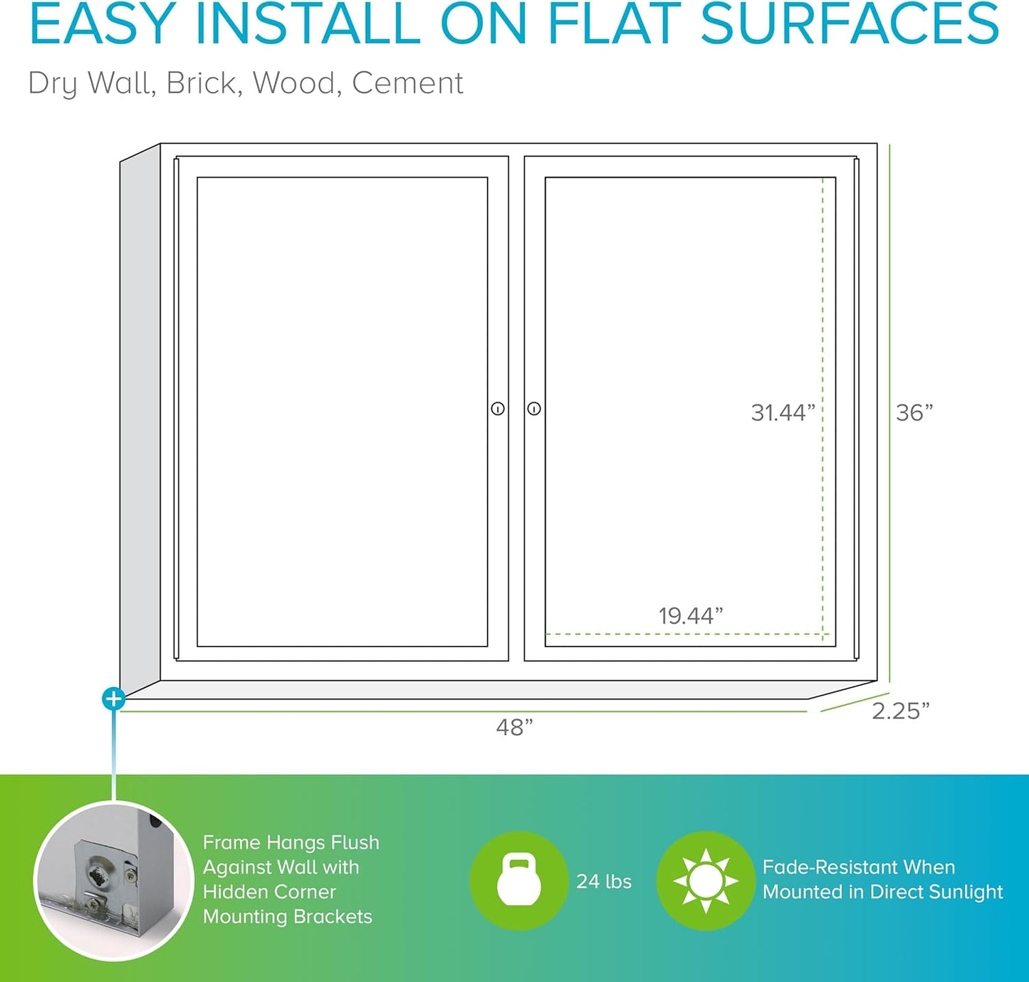 Ghent 36" x 48" 2-Door indoor Enclosed Recycled Rubber Bulletin Board, Shatter Resistant, with Lock, Satin Aluminum Frame,Black (PA234TR-BK) ,Made in the USA