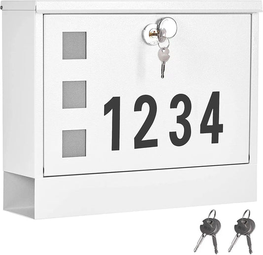 LAND·VOI Locking Mailbox Wall Mounted, Metal Postbox with Three Sets of Mail Box Number Stickers, 4 Keys, 14.4" x 4.5" x 11.2", Large Capacity, Textured White, AMB11W