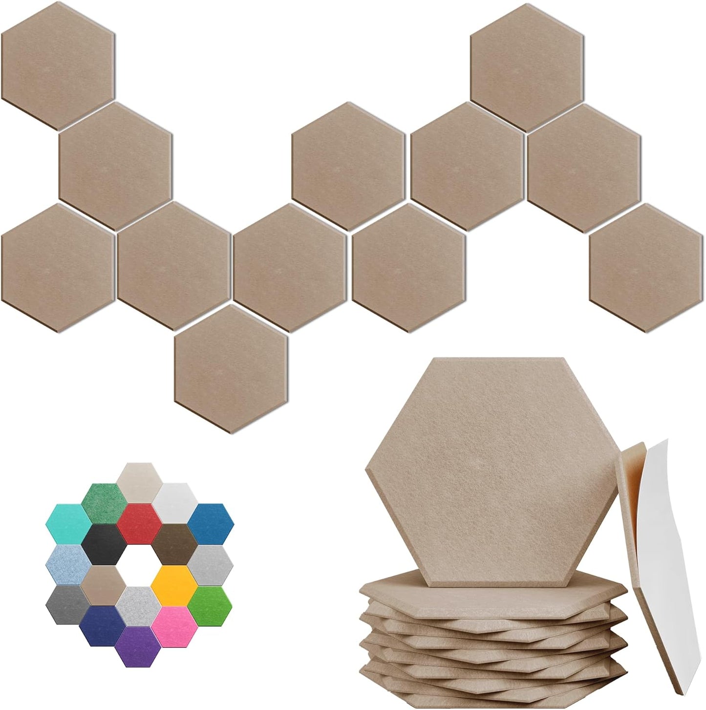 Hexagonal Acoustic Panels-12 Pack High-Density Sound Absorbing Panels 12"X10"X0.4" for Enhanced Noise Reduction, DIY Design, Idea for Studios, Offices, and Home Theaters(Dark Camel)