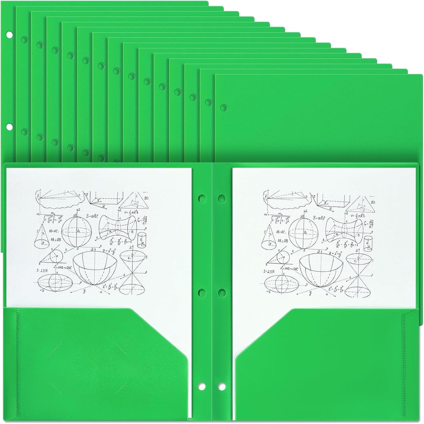 Yeaqee 50 Pcs Plastic Folders with Pockets Bulk 3 Hole Punched 2 Pocket File Folders for 3 Ring Binder Divider Folder for Notebooks, Durable Poly for Office Home (Green)