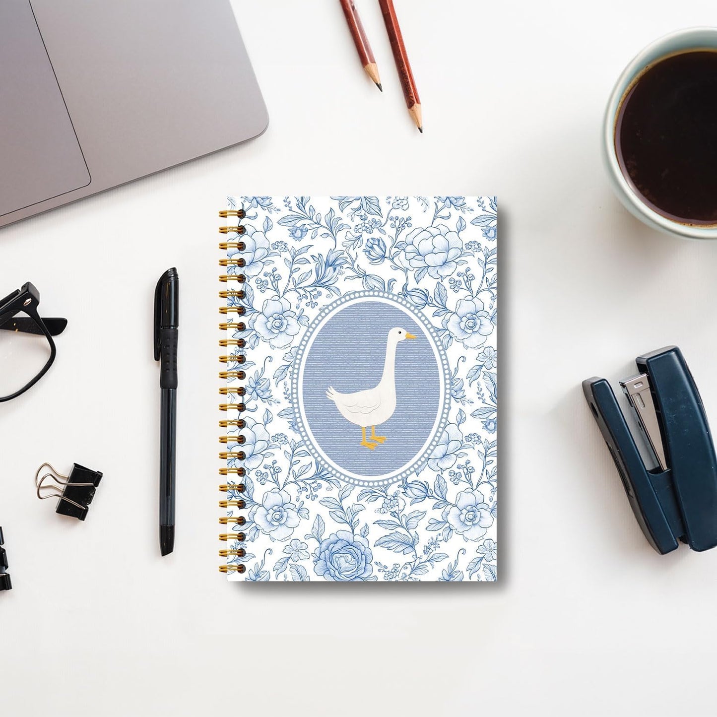 Guymn Chinoiserie Floral Goose Notebook, Goose Animal Lover Gifts Journal for Kids Girls, Blue and White Grandmillennial Geese Hardcover Spiral Notebooks Journals 5.5x8.3 Inch