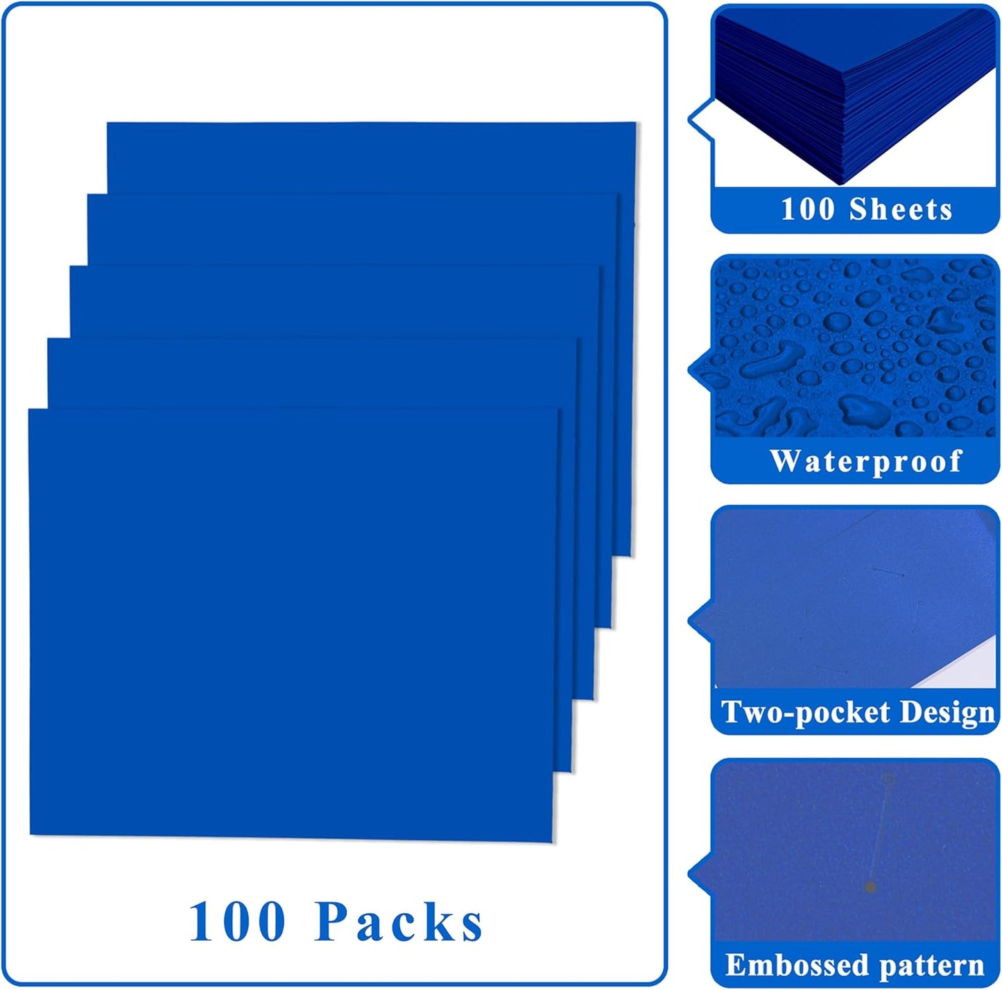 Zzrywuty File Folders with Pockets Letter Size, 100-Pack Paper Folders with Card Slot, Two Pocket Folders for School Students, Businessmen, Home and Office Workers（Blue）