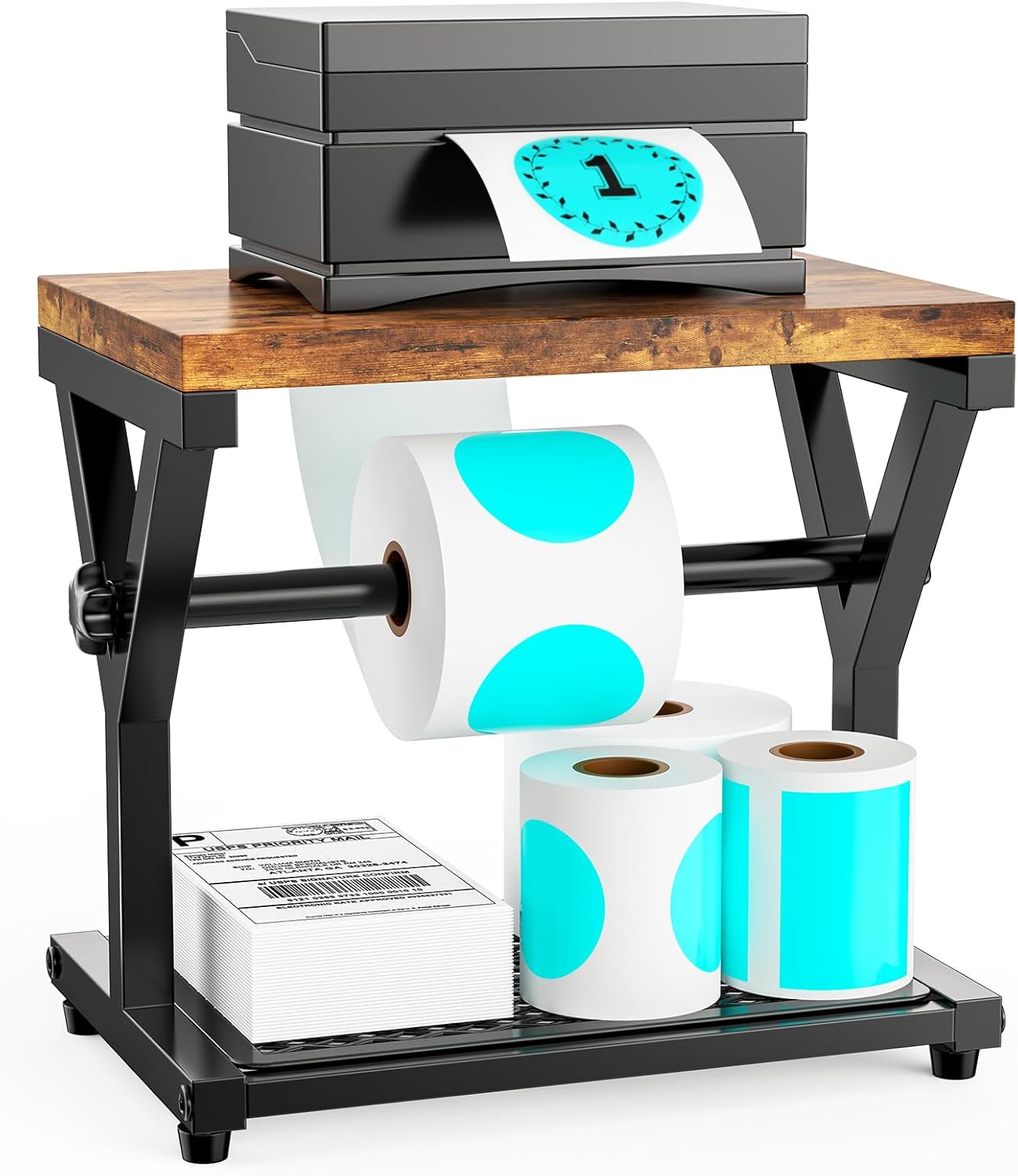 Thermal Label Holder for Rolls and Fanfold Labels, Wooden Sticker Roll Holder for Thermal Printer, YITOBA Desktop Shipping Label Stand Organizer Accessory for Home Office, Small Business (Black)