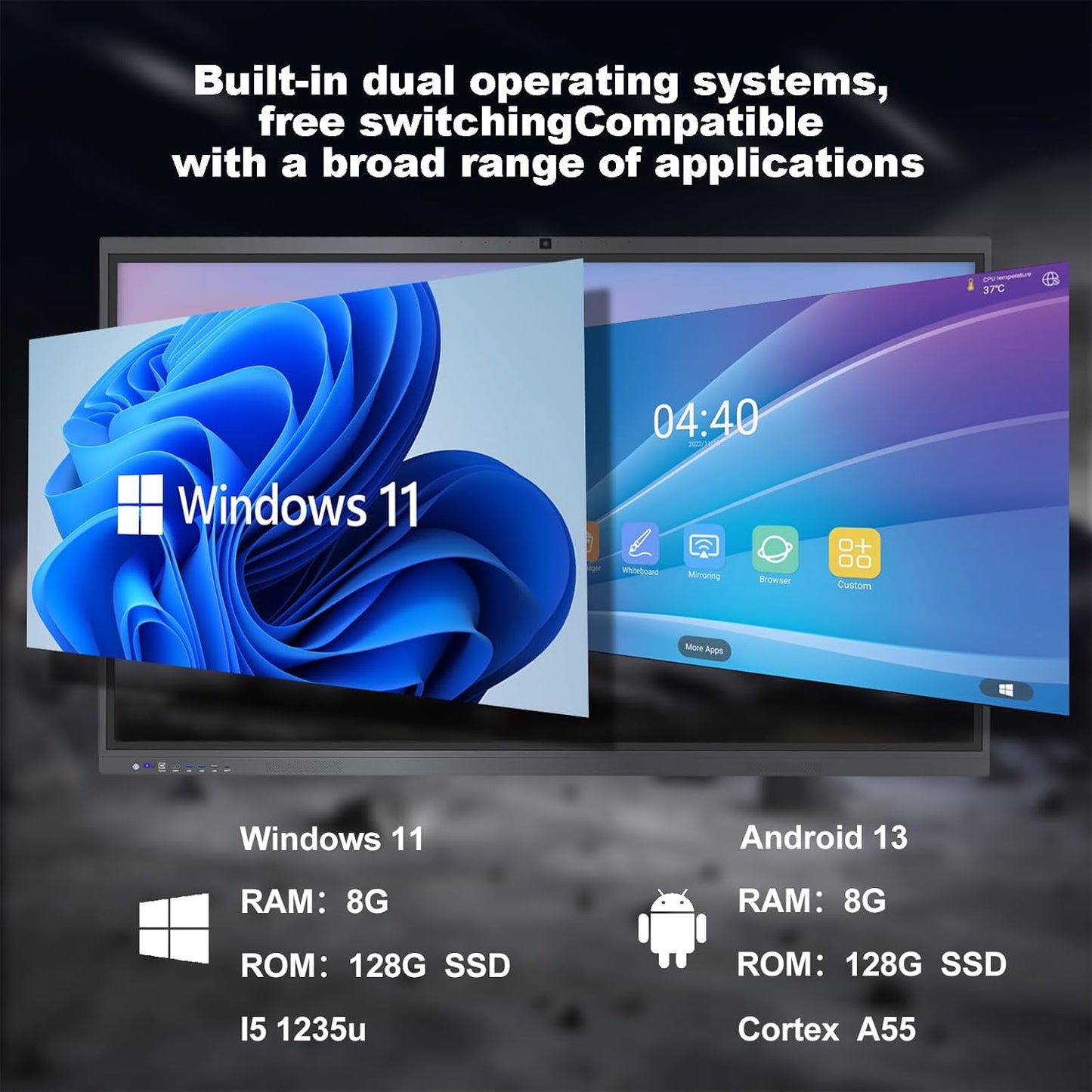 Smart Board,55" Smart Board for Classroom Office Home, 4K UHD Touch Screen Open Dual System Smart Whiteboard,Digital whiteboard with 48MP HD Camera(Board+Wall Mount Included)