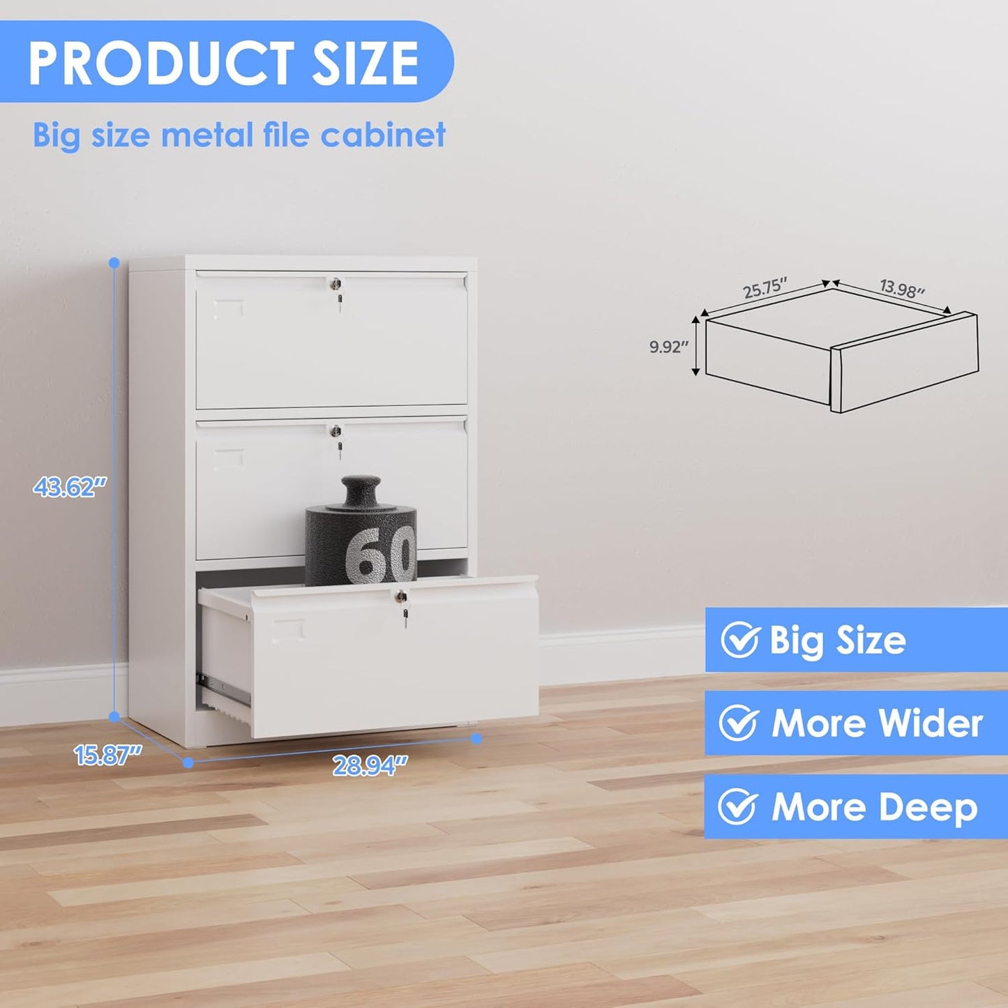 Metal 3 Drawer Lateral File Cabinet with 3 Lock - Wide Filing Cabinet for Letter/Legal/F4/A4 Hanging Files - Includes Business Card Holder,Home Office School Storage,White