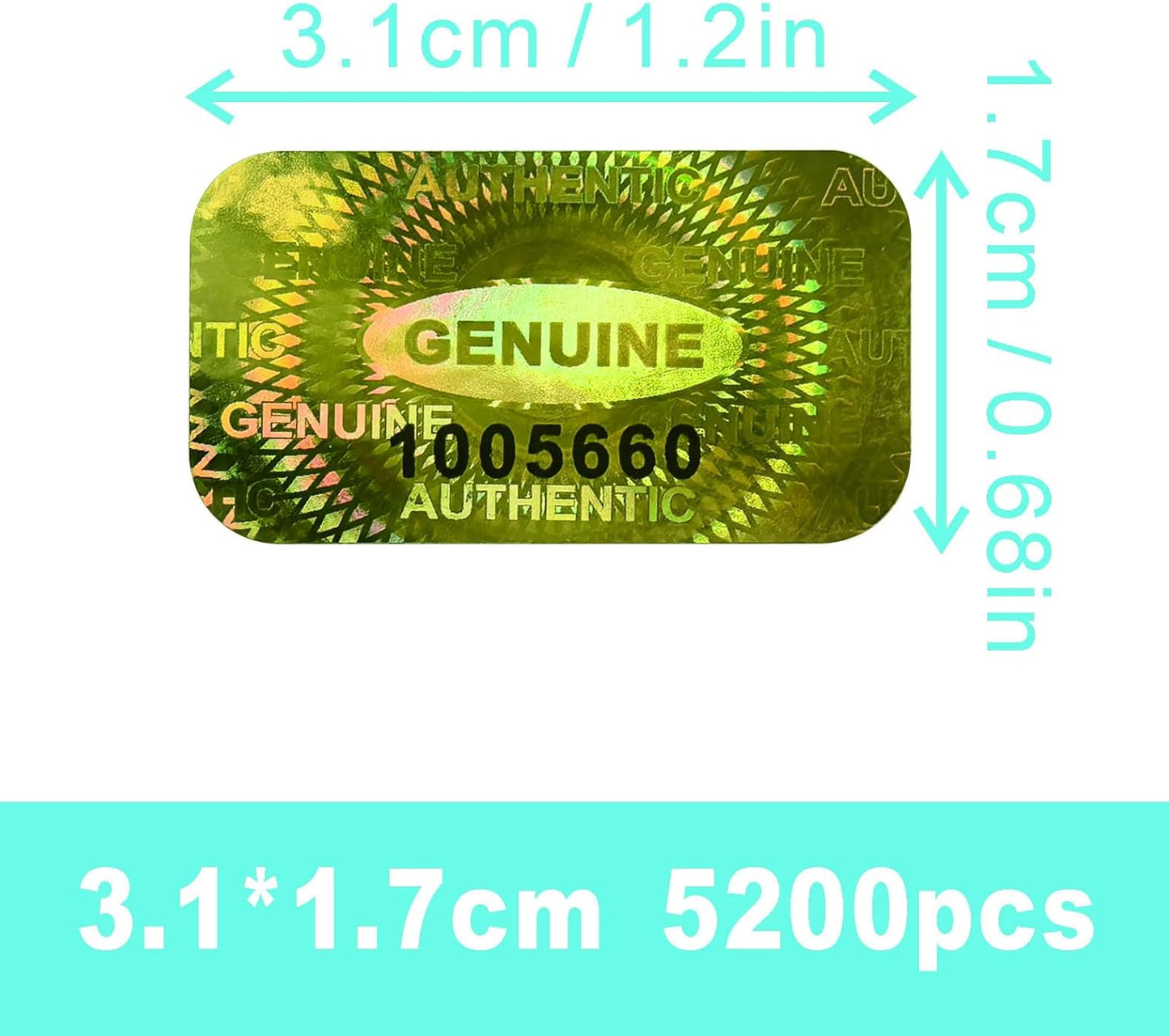5200 pcs Hologram Tamper Proof Sticker, Security Tamper evident Label, Genuine Authentic Warranty Void Seal Labels with Unique Serial Number (1.2X0.68 inch,Glod)