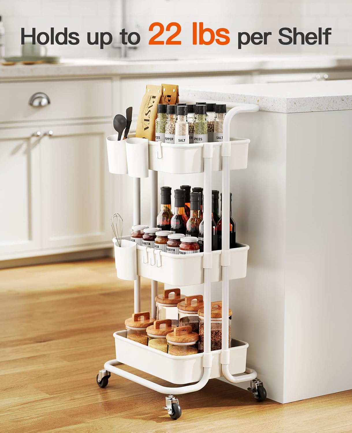 Pipishell 3-Tier Rolling Cart with Wheels - Rolling Storage Cart with Hanging Cups & Hooks - Mobile Utility Cart for Office, Kitchen, Craft Room - Art & Craft Organizer, White, PIUC06W
