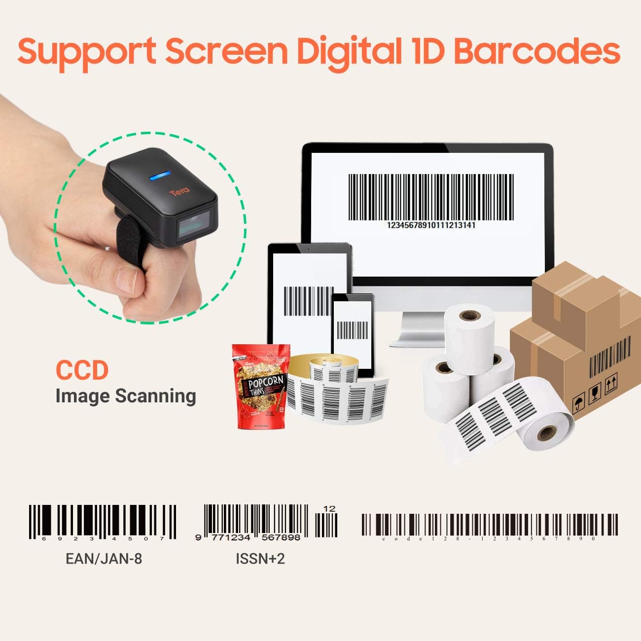 Tera 1D Wireless Barcode Scanner Compatible with Bluetooth, Printed Digital Barcode Reader Scanner Mini Wearable for Windows, Mac OS, Android with Vibration Alert Model HW0011
