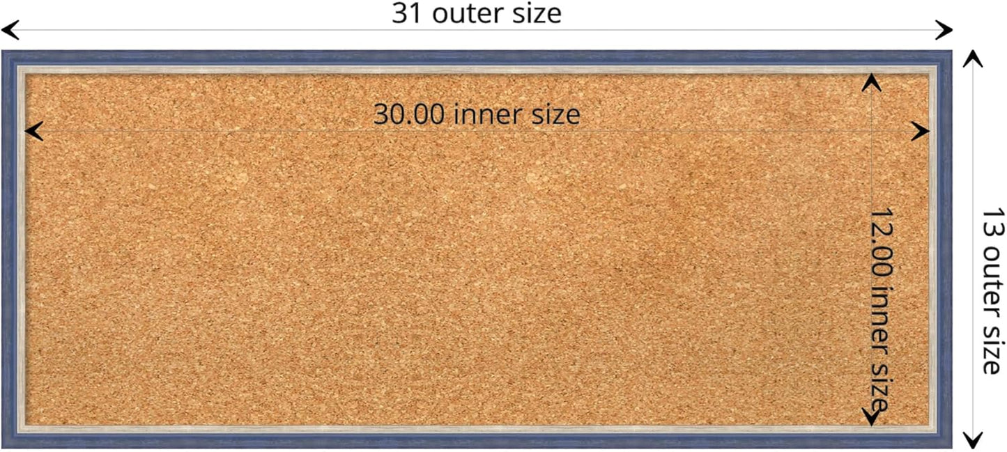 Amanti Art Natural Cork Board for Wall, 13x31 Vision Board with Blue Wood Frame, Medium Corkboard Office Decor for Home Organization, Modern Contemporary Corkboard Pinboard to display items for home